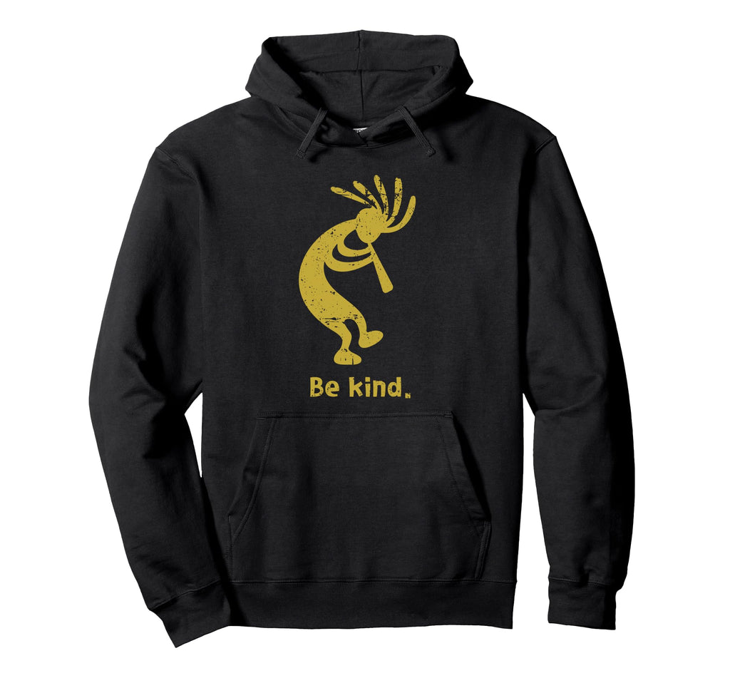 Be Kind Dancing Kokopelli Distressed Hoodie - Novelty Apparel for Adults - T-Shirt, Sweatshirt, Hoodie