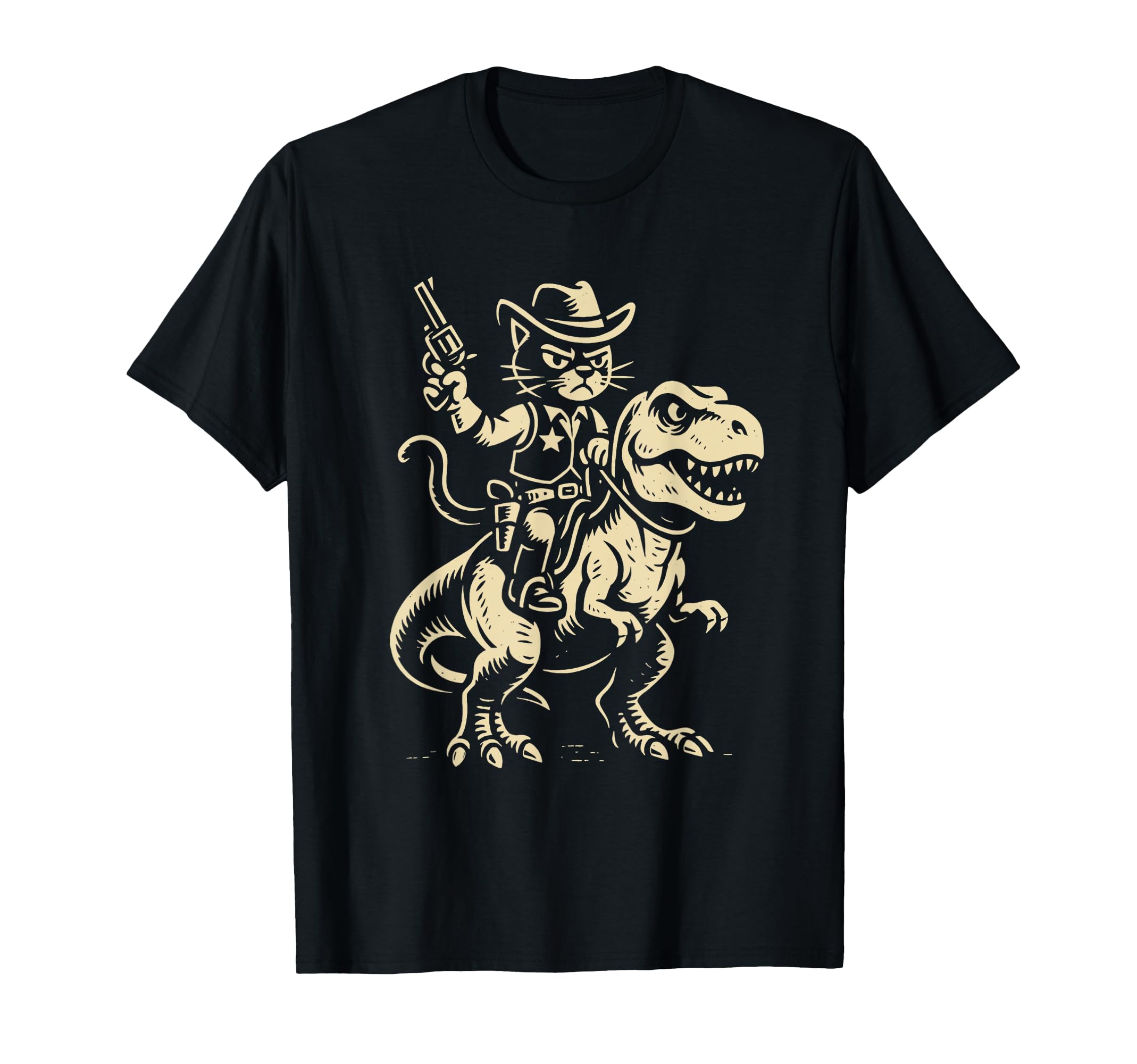 Funny Western Cat Riding Dinosaur Cowboy T-Shirt - Unique Graphic Unisex - T-Shirt, Sweatshirt, Hoodie