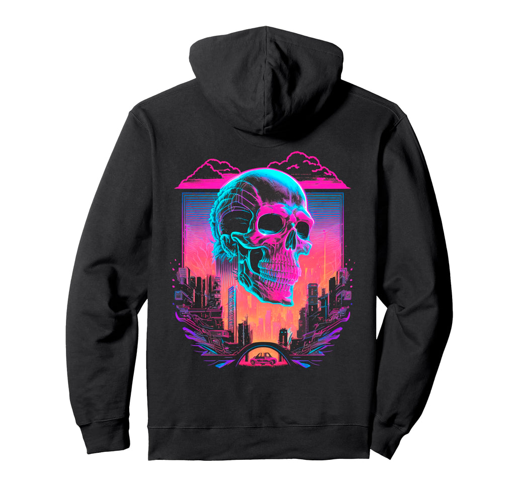 Skull Vaporwave Retrowave Aesthetic Hoodie - Fun Novelty Design Men Women - T-Shirt, Sweatshirt, Hoodie