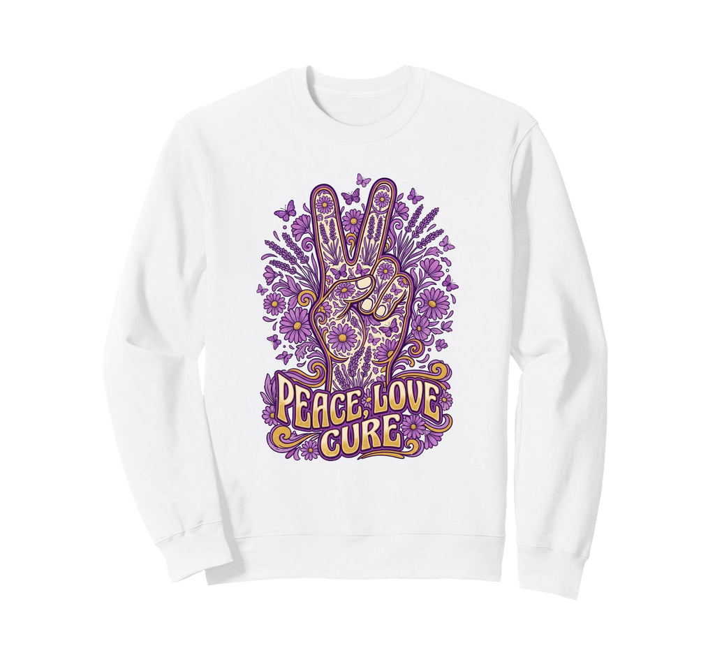 Peace Love Cure Purple Butterfly Groovy Sweatshirt - Unique Graphic Unisex - T-Shirt, Sweatshirt, Hoodie