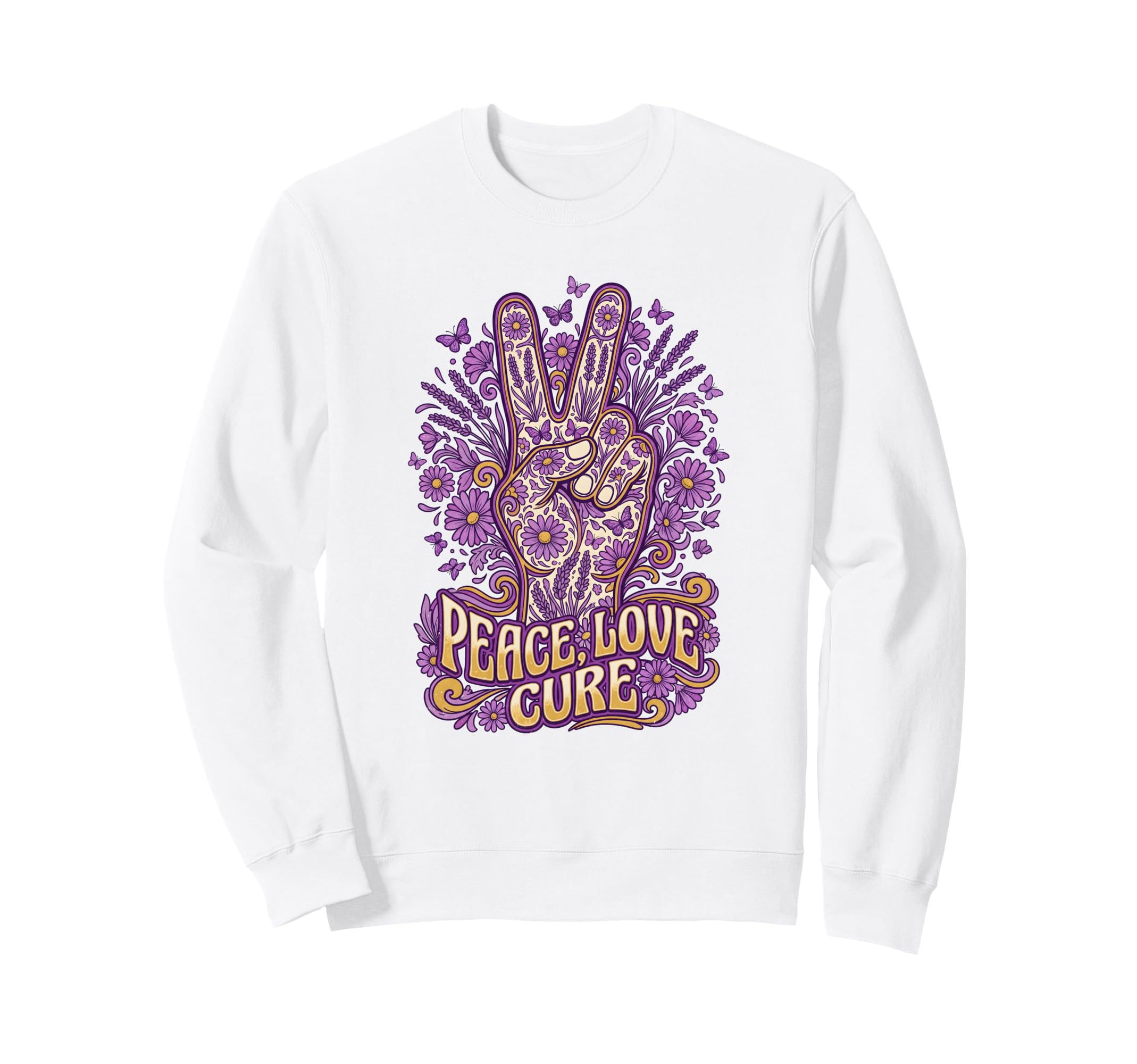 Peace Love Cure Purple Butterfly Groovy Sweatshirt - Unique Graphic Unisex - T-Shirt, Sweatshirt, Hoodie