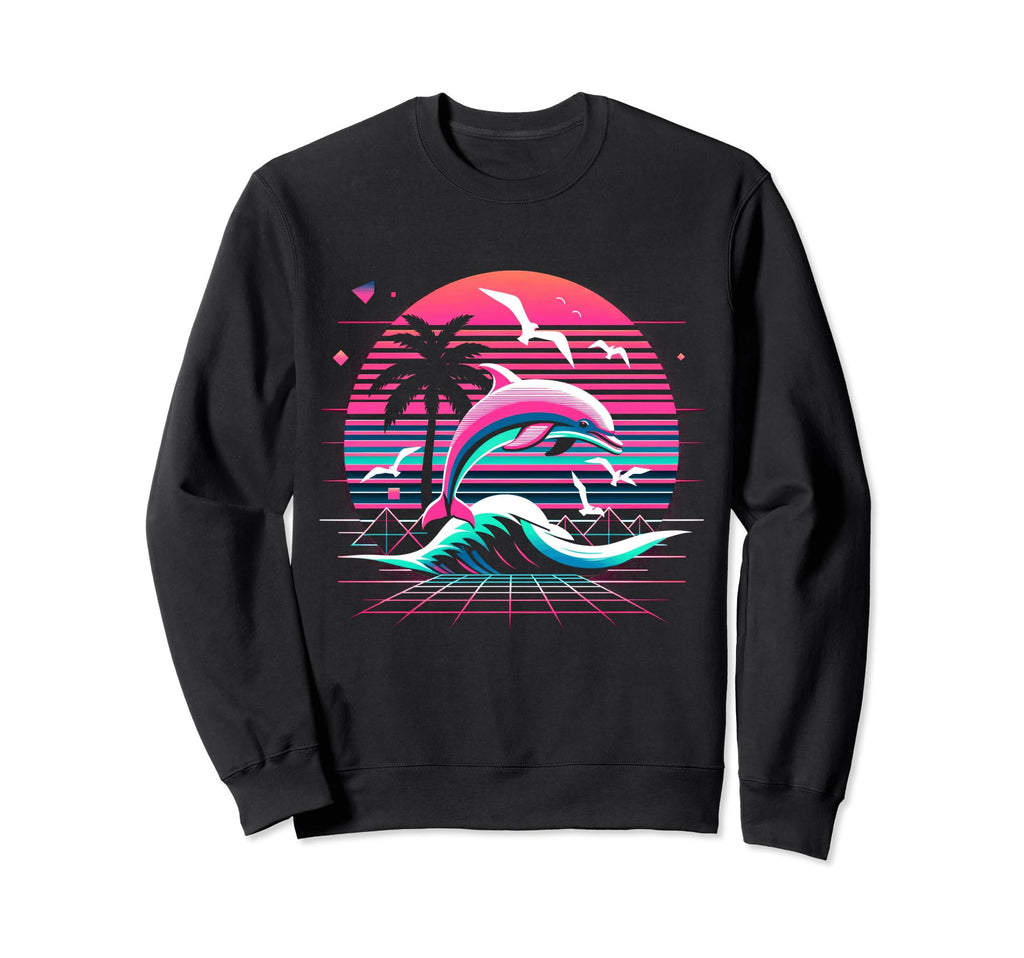 Dolphin Palm Sunset Vaporwave 80S Sweatshirt - Minimalist Print Men Women - T-Shirt, Sweatshirt, Hoodie
