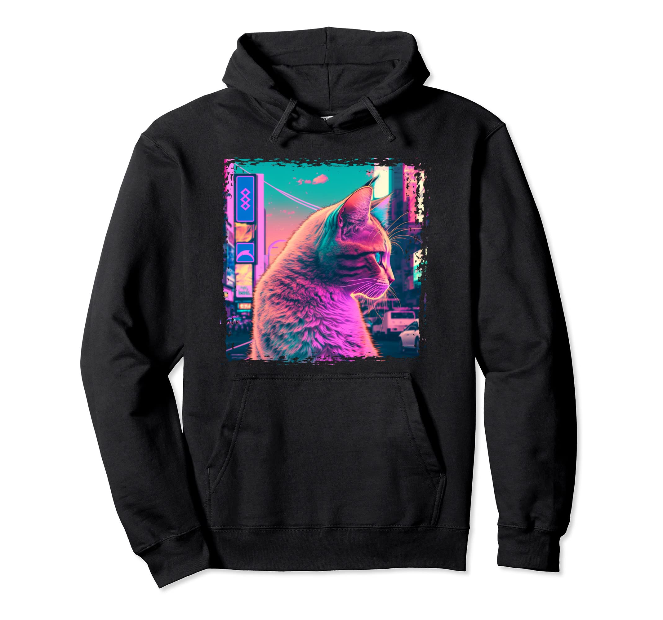 Japanese Aesthetic Synthwave Cat Vaporwave Hoodie - Unique Graphic Unisex - T-Shirt, Sweatshirt, Hoodie