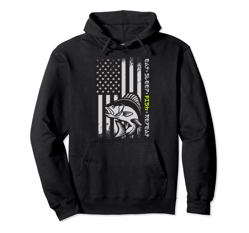 Eat Sleep Fish Repeat American Flag Hoodie - Trendy Graphic for Adults - T-Shirt, Sweatshirt, Hoodie