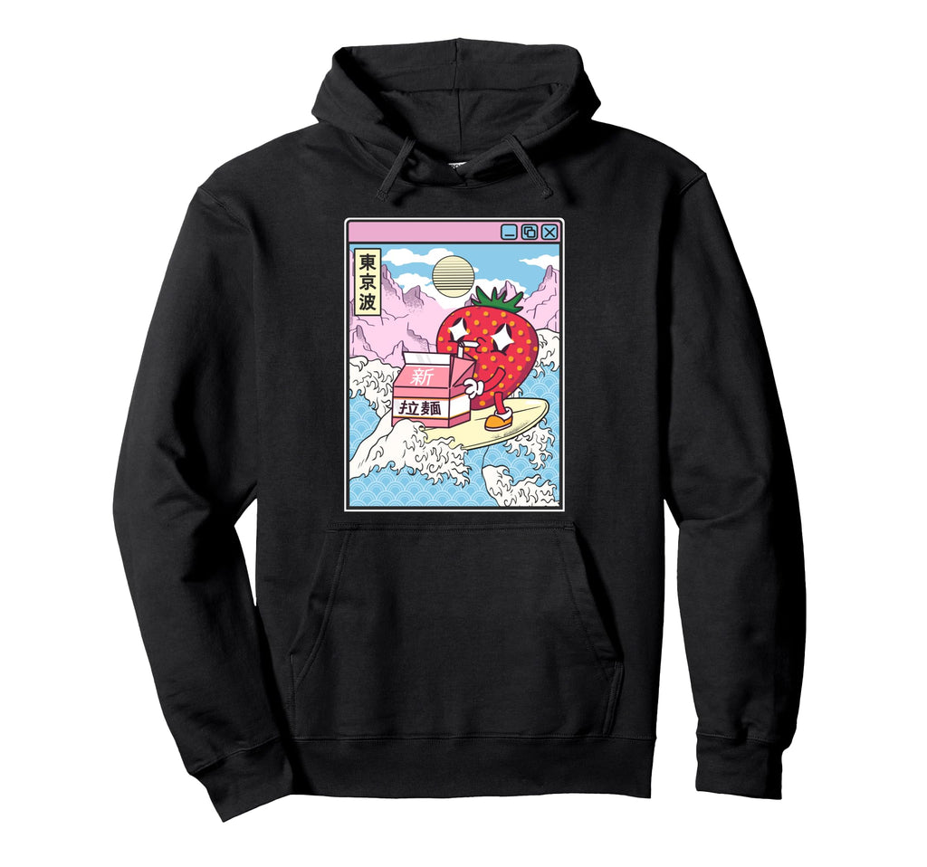 Surfing Strawberry Drinking Milk Japan Hoodie - Trendy Graphic for Adults - T-Shirt, Sweatshirt, Hoodie