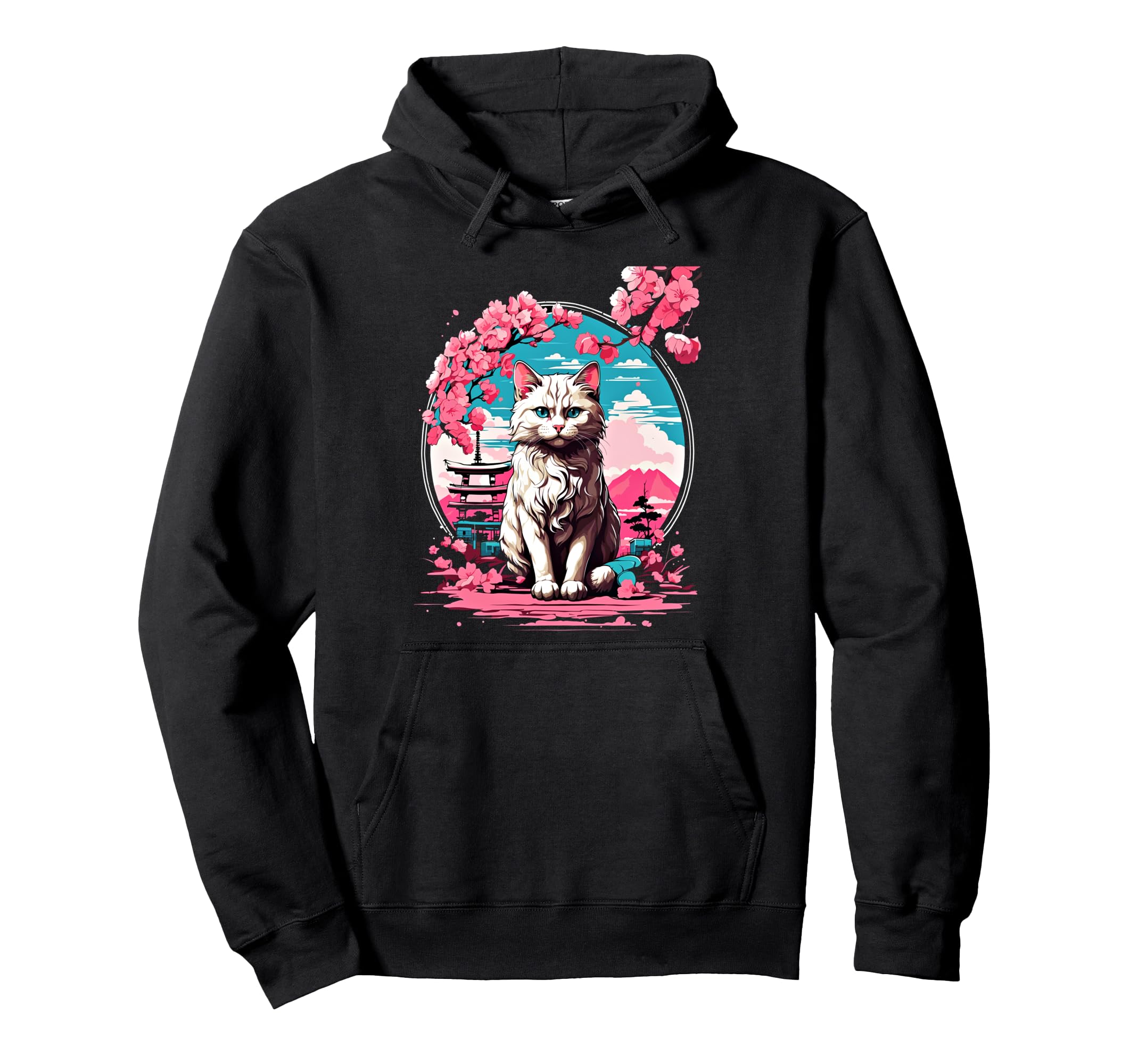 Anime Cat Japanese Aesthetic Japan Cherry Hoodie - Graphic Print Men Women - T-Shirt, Sweatshirt, Hoodie