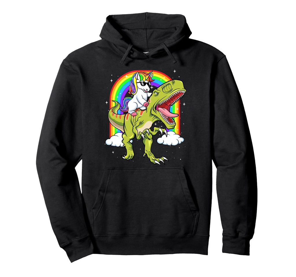 Rainbow Unicorn Riding T Rex Dinosaur Hoodie - Graphic Print for Adults - T-Shirt, Sweatshirt, Hoodie