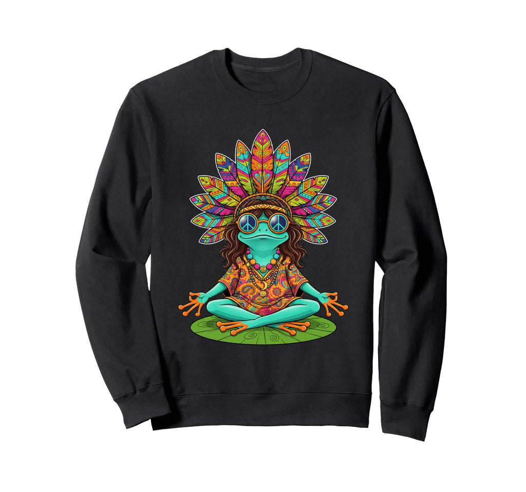 Hippie Frog Peace Sign Meditation Sweatshirt - Aesthetic Graphic Men Women - T-Shirt, Sweatshirt, Hoodie
