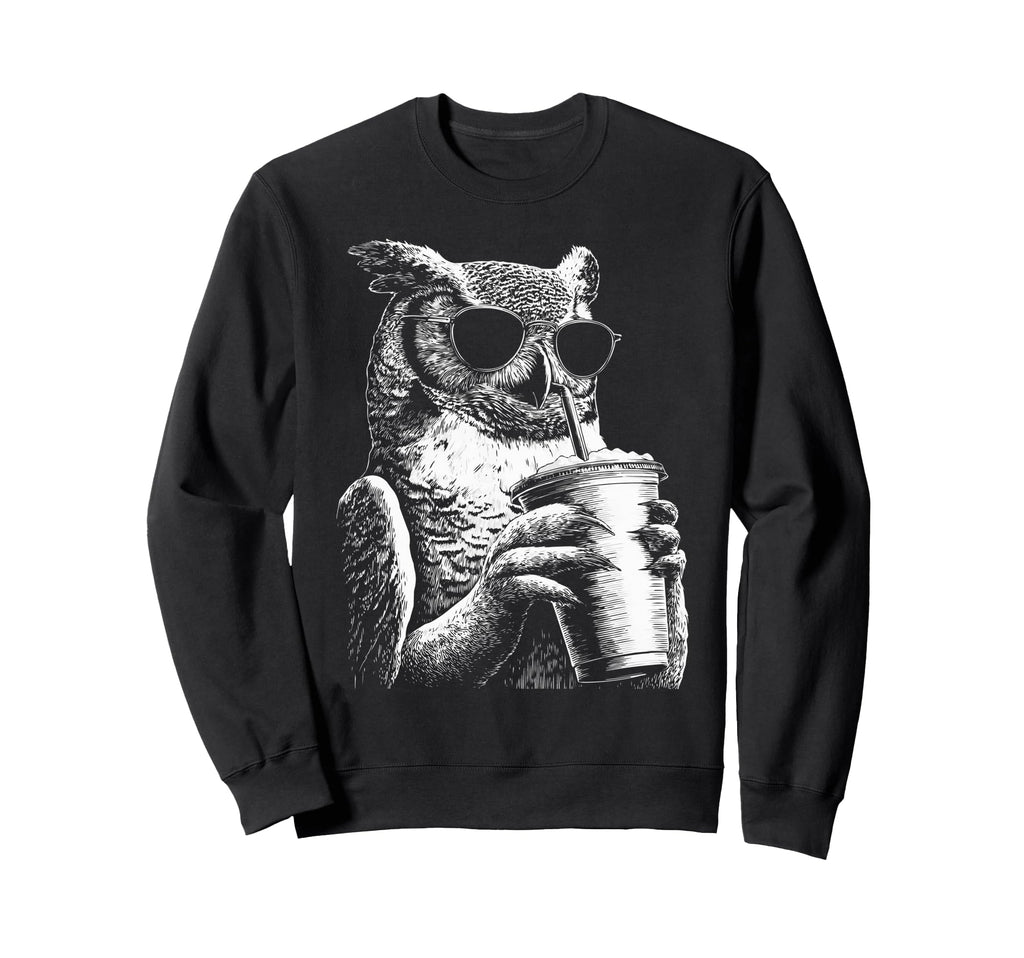 Owl Drinking Iced Coffee Funny Sweatshirt - Unique Graphic for Adults - T-Shirt, Sweatshirt, Hoodie