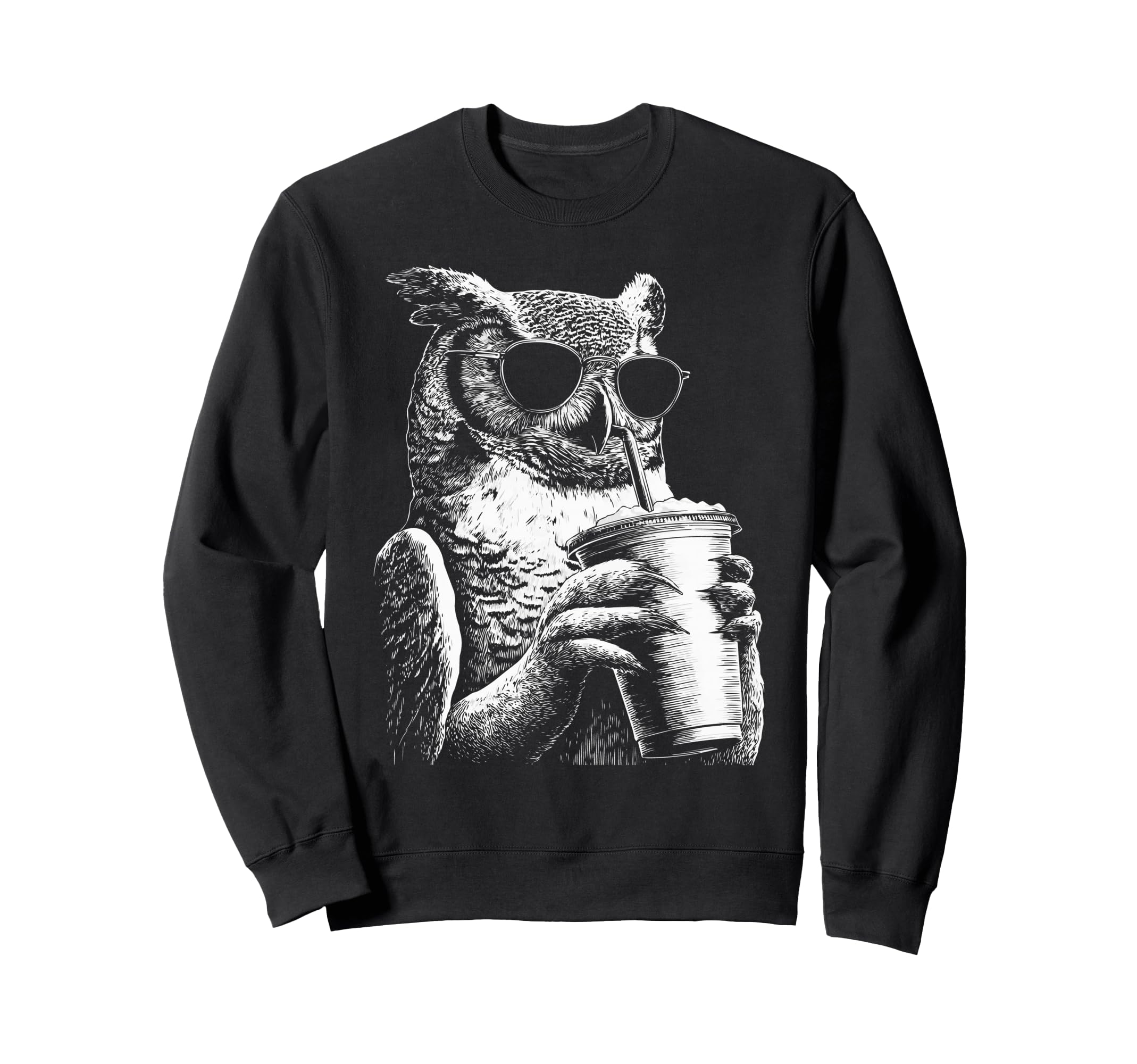 Owl Drinking Iced Coffee Funny Sweatshirt - Unique Graphic for Adults - T-Shirt, Sweatshirt, Hoodie
