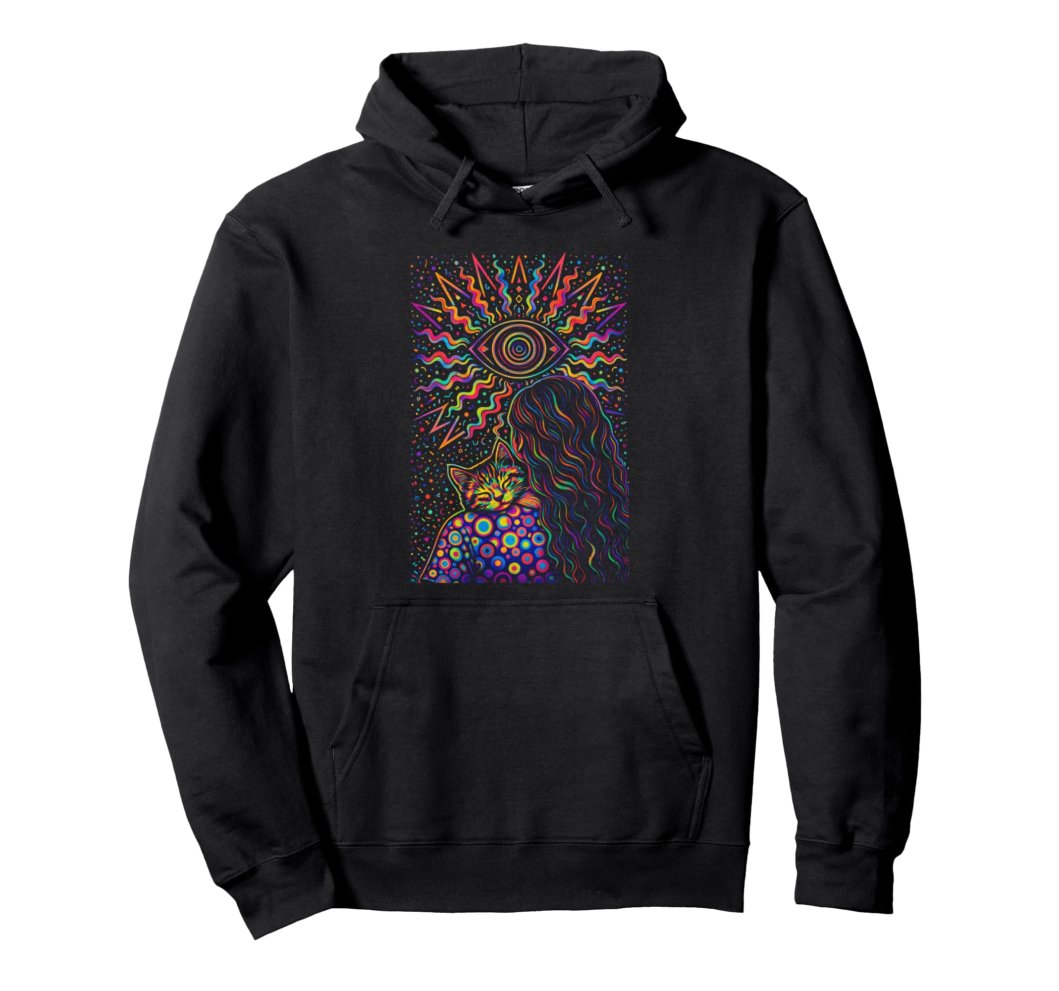 Psychedelic Cat Lady Trippy Hippie Hoodie - Trendy Graphic Men Women - T-Shirt, Sweatshirt, Hoodie