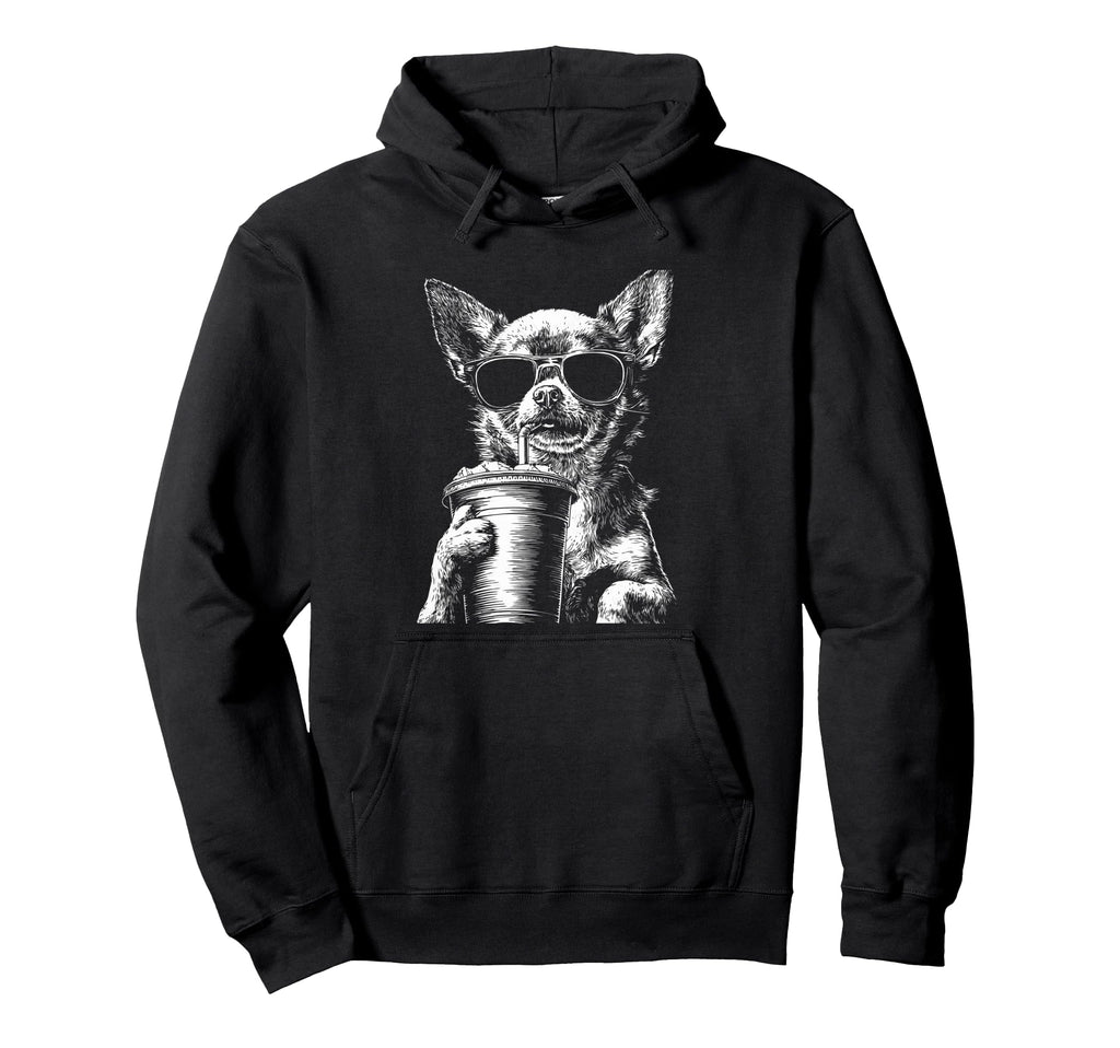 Chihuahua Drinking Iced Coffee Funny Hoodie - Casual Everyday Wear Unisex - T-Shirt, Sweatshirt, Hoodie