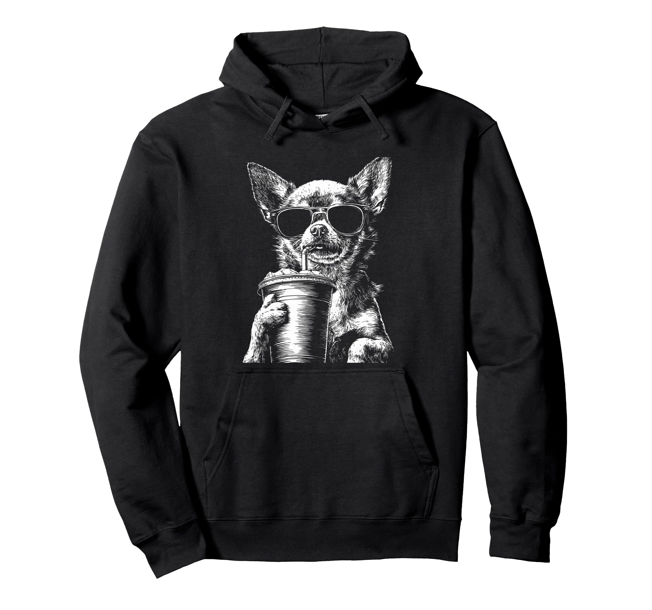 Chihuahua Drinking Iced Coffee Funny Hoodie - Casual Everyday Wear Unisex - T-Shirt, Sweatshirt, Hoodie