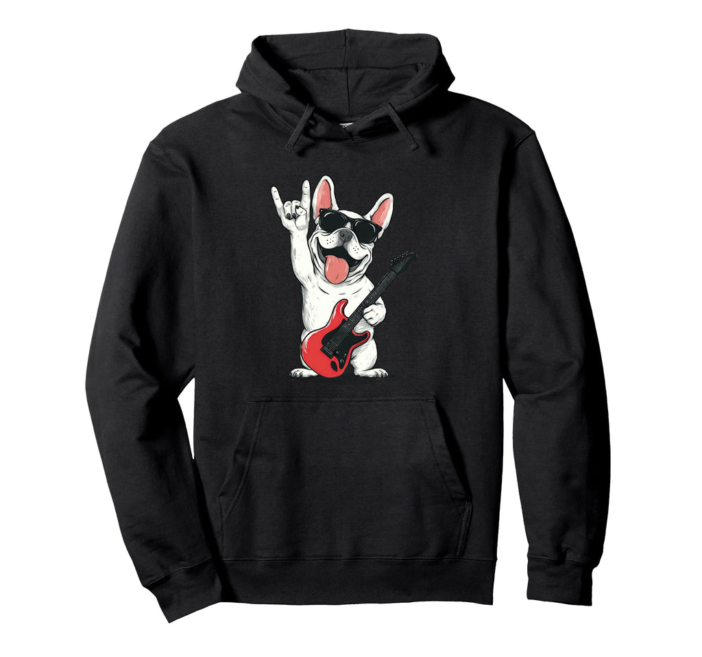 Funny French Bulldog Rock Music Guitar Hoodie - Novelty Apparel Men Women - T-Shirt, Sweatshirt, Hoodie