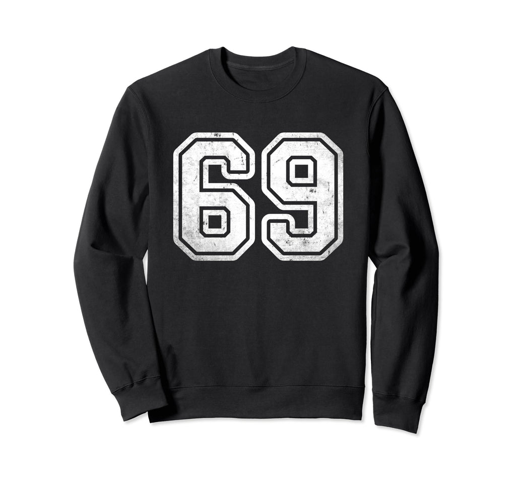 Number 69 White Distressed Number Sweatshirt - Aesthetic Graphic for Adults - T-Shirt, Sweatshirt, Hoodie