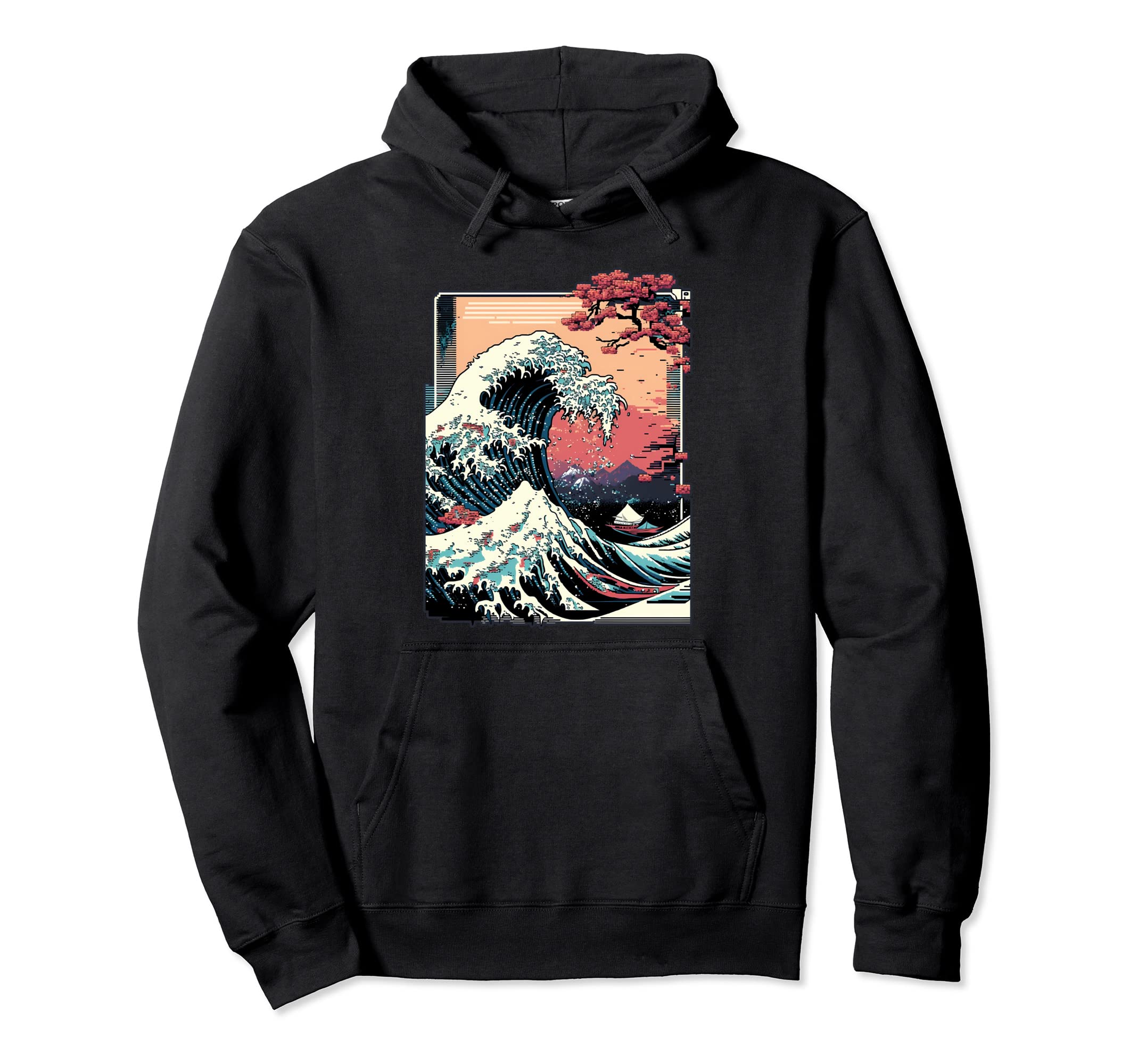 Vaporwave Glitch Aesthetic Great Wave Hoodie - Aesthetic Graphic Unisex - T-Shirt, Sweatshirt, Hoodie