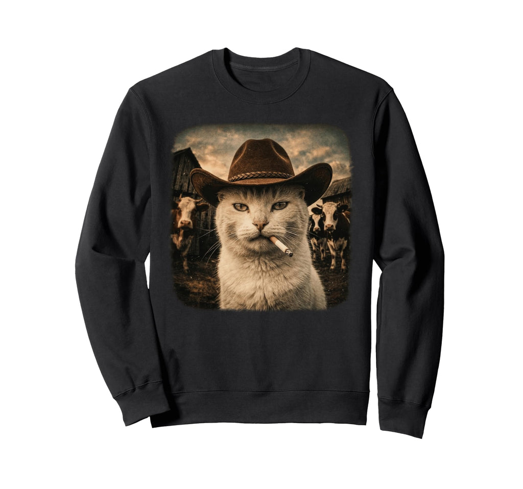 Funny Cowboy Cat Smoking Cigarette Meme Sweatshirt - Unique Graphic Unisex - T-Shirt, Sweatshirt, Hoodie