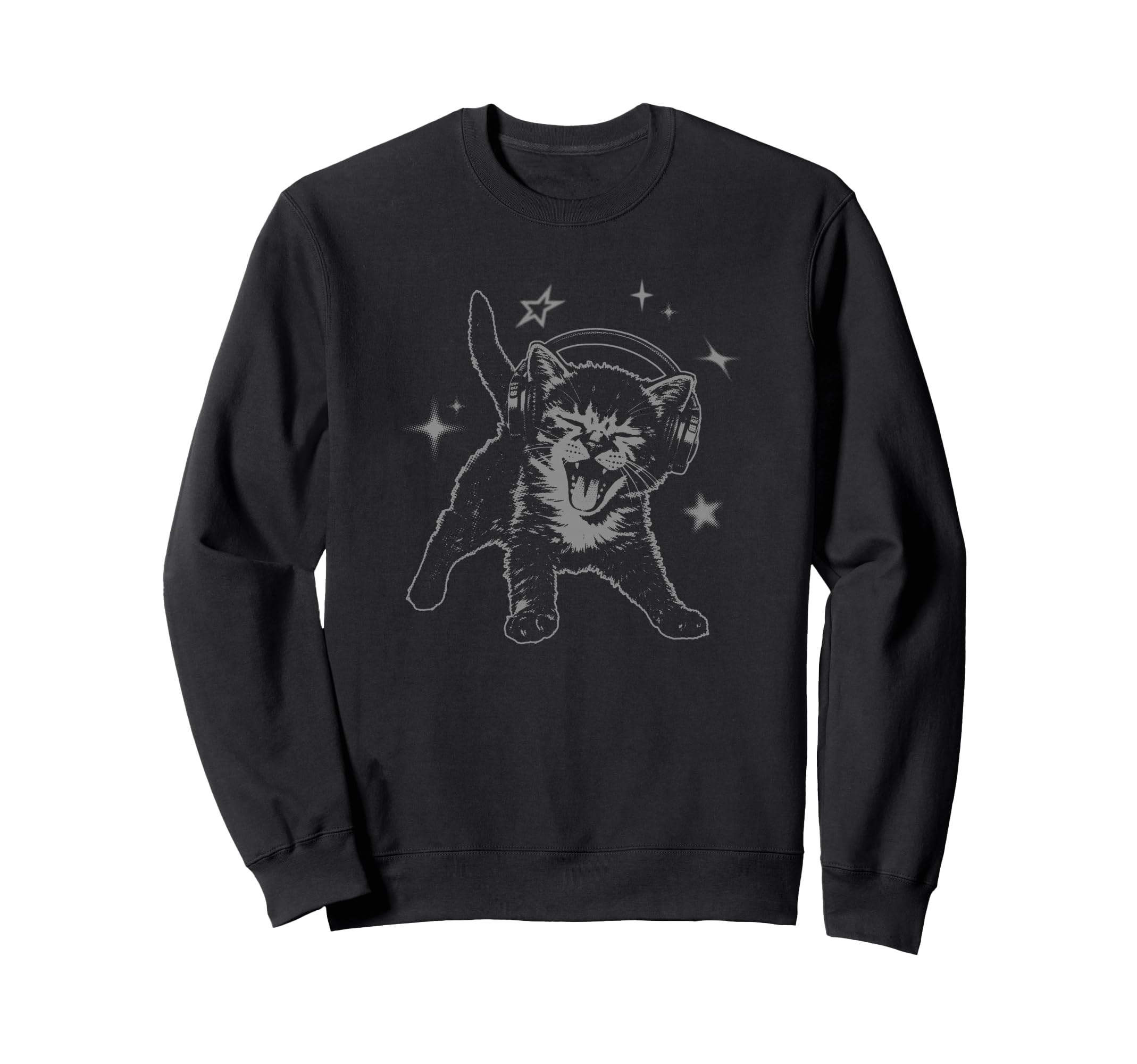 Cat Headphones Stars Silly 90S Sweatshirt - Novelty Apparel for Adults - T-Shirt, Sweatshirt, Hoodie