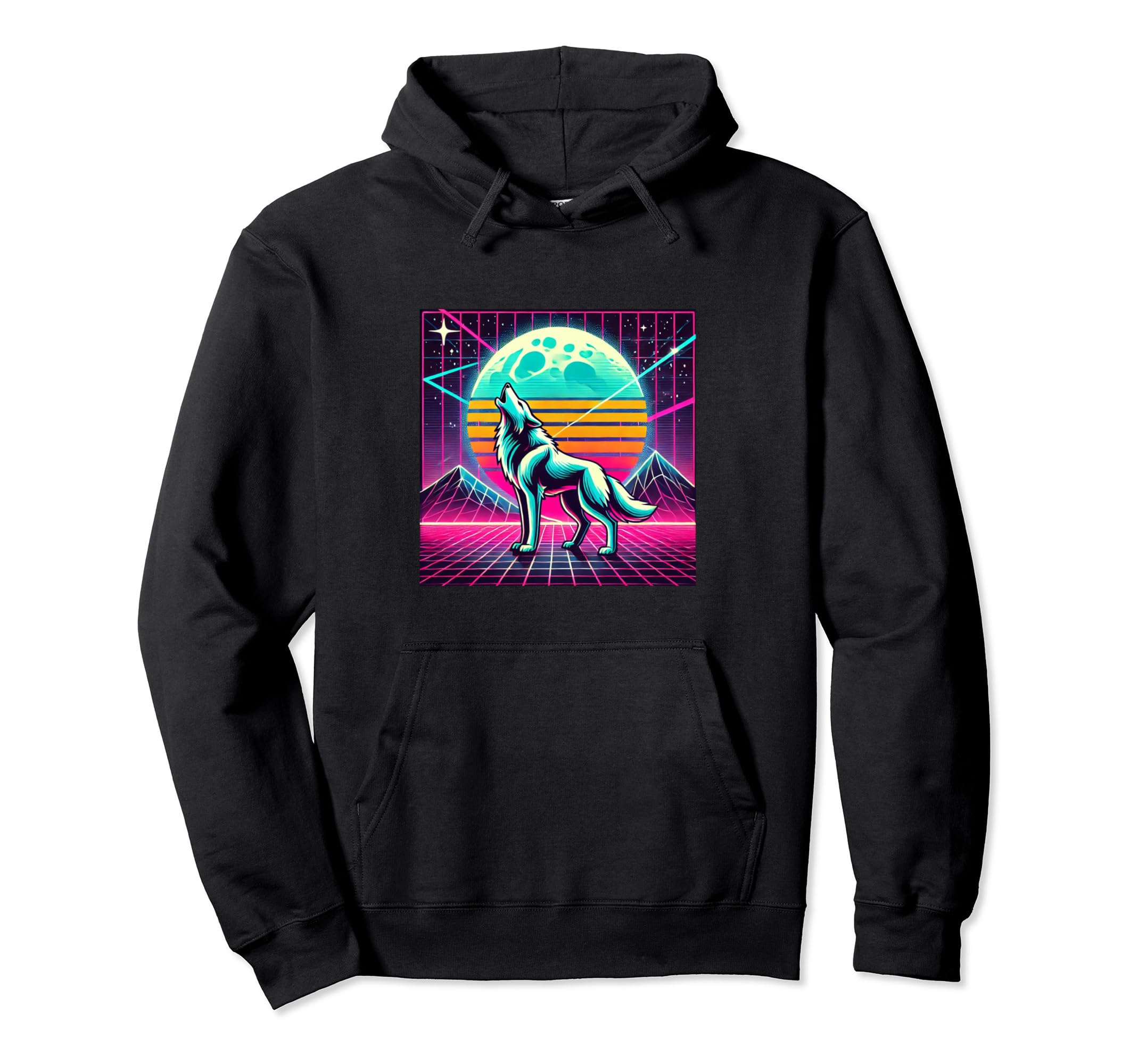 Colorful Synthwave 80S Wolf Howling Hoodie - Casual Everyday Wear Unisex - T-Shirt, Sweatshirt, Hoodie