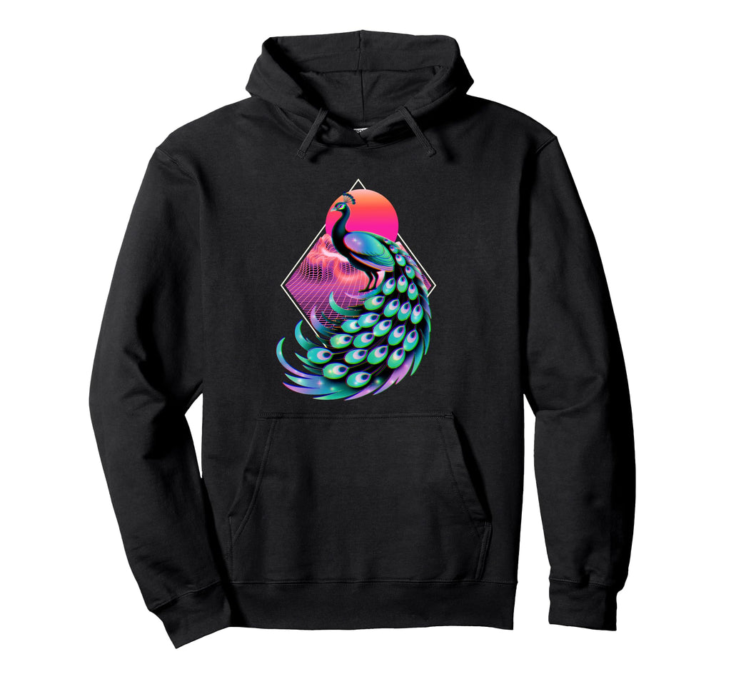 Peacock Feathers Royal Bird Vaporwave Hoodie - Graphic Print for Adults - T-Shirt, Sweatshirt, Hoodie