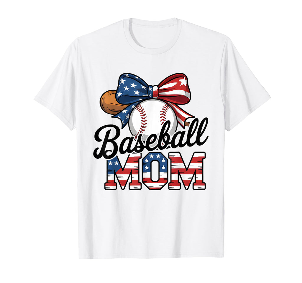 Baseball Mom Usa Flag Bow Support T-Shirt - Casual Everyday Wear Unisex - T-Shirt, Sweatshirt, Hoodie