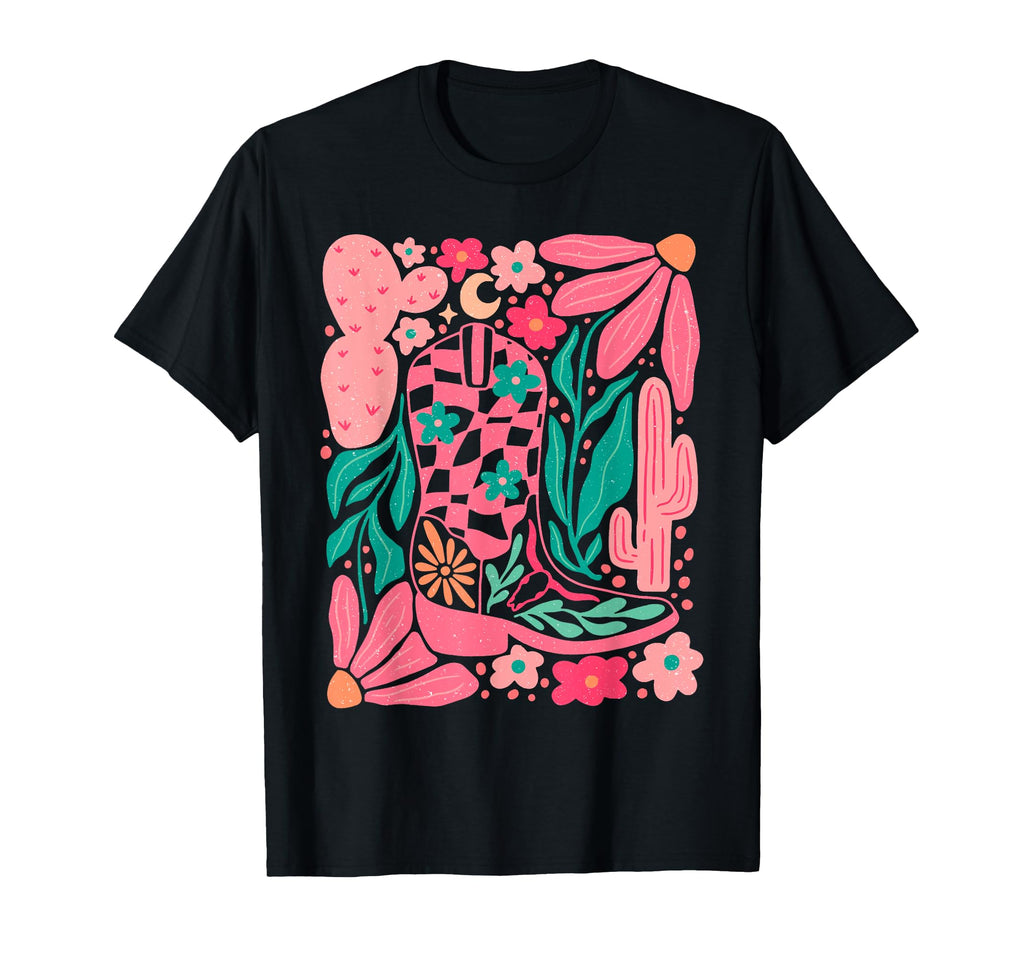 Boho Western Cowgirl Boot And Flowers T-Shirt - Streetwear Style Unisex - T-Shirt, Sweatshirt, Hoodie