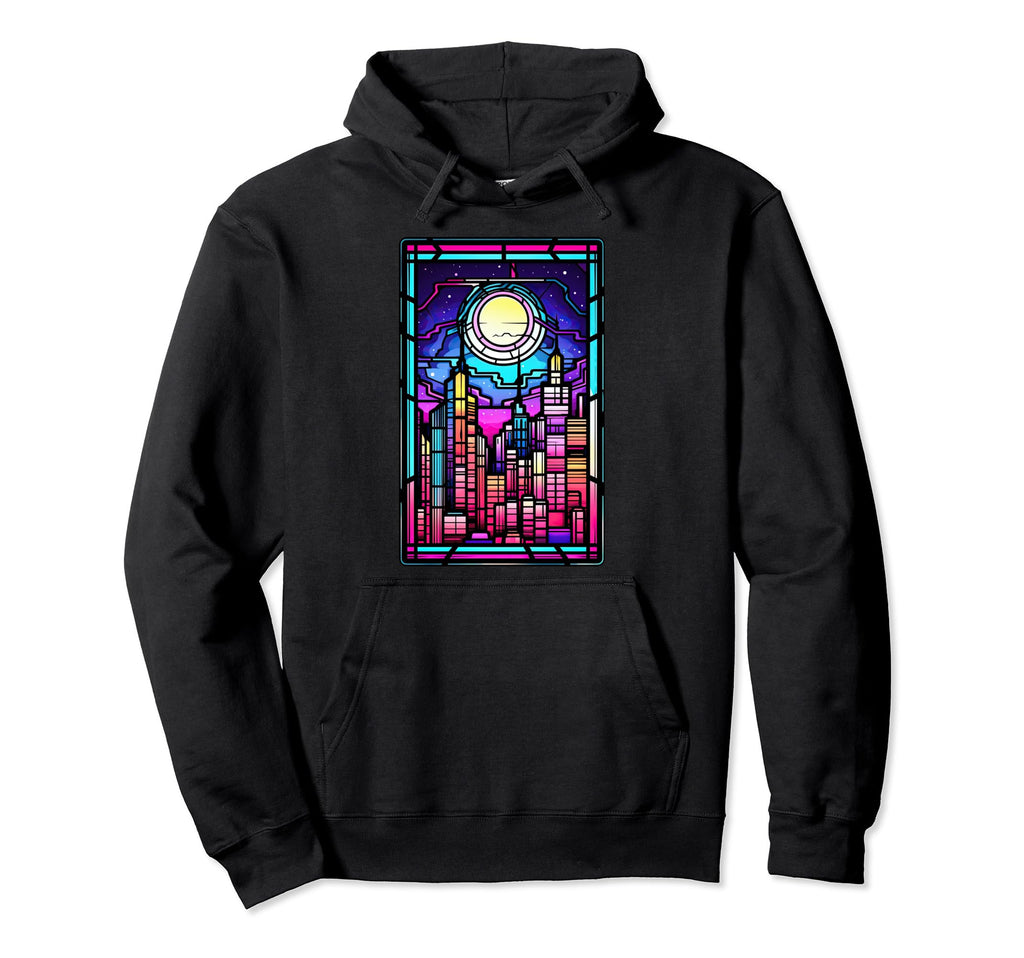 Stained Glass Vaporwave Japanese City Hoodie - Minimalist Print for Adults - T-Shirt, Sweatshirt, Hoodie