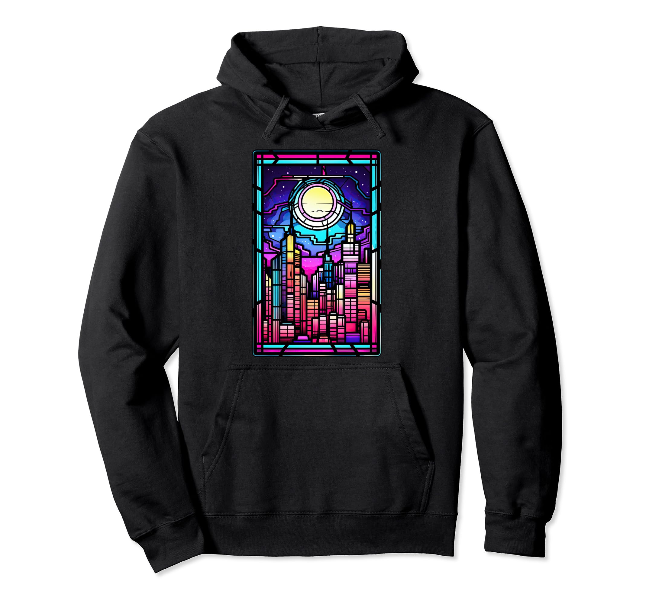 Stained Glass Vaporwave Japanese City Hoodie - Minimalist Print for Adults - T-Shirt, Sweatshirt, Hoodie