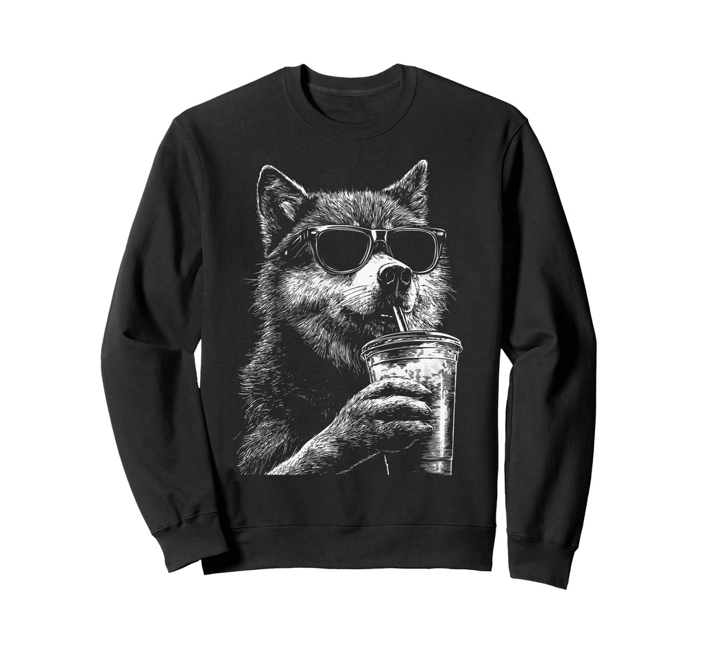 Wolf Drinking Iced Coffee Funny Sweatshirt - Unique Graphic Men Women - T-Shirt, Sweatshirt, Hoodie