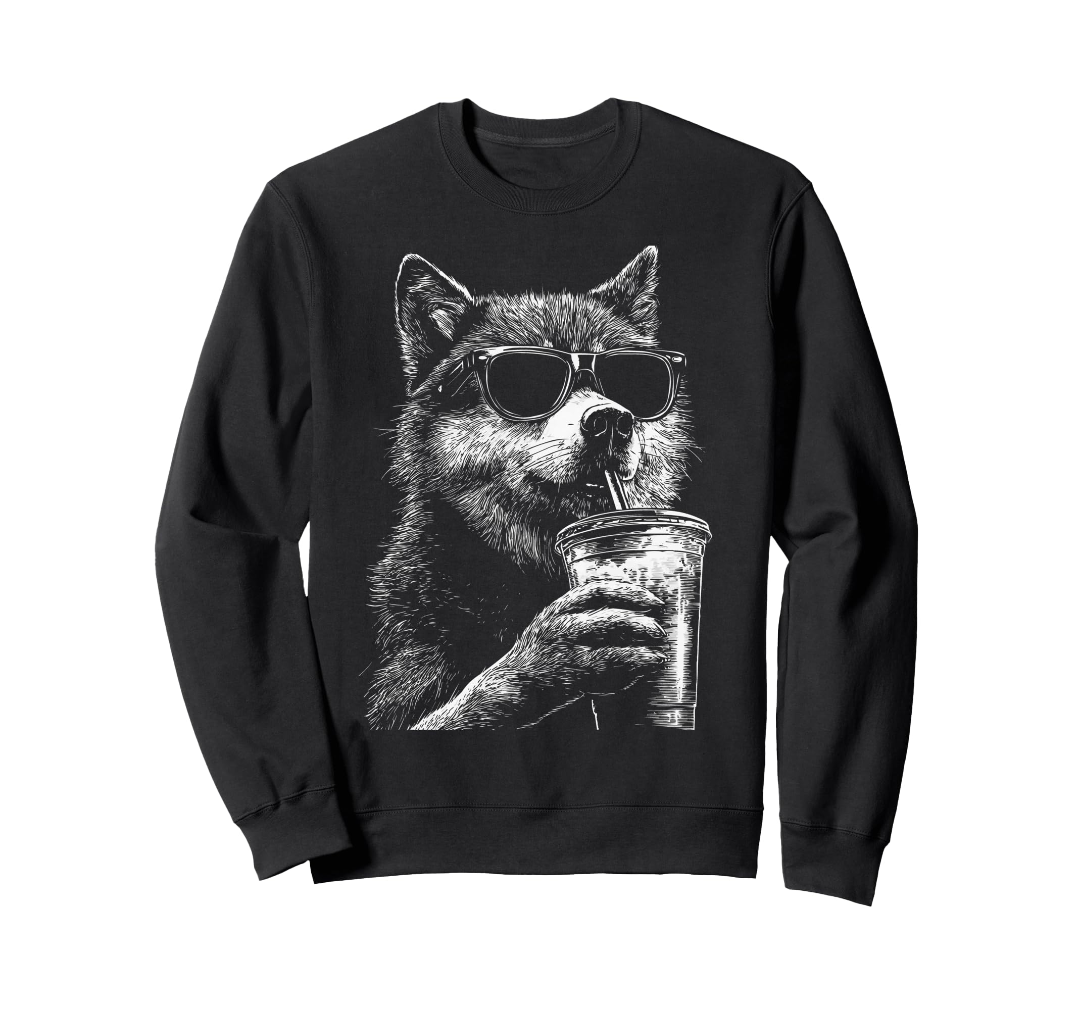 Wolf Drinking Iced Coffee Funny Sweatshirt - Unique Graphic Men Women - T-Shirt, Sweatshirt, Hoodie