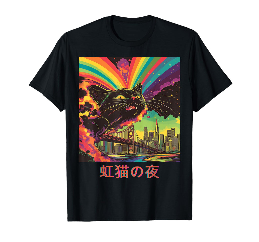 Psychedelic Rainbow Cat Night City T-Shirt - Fun Novelty Design Men Women - T-Shirt, Sweatshirt, Hoodie
