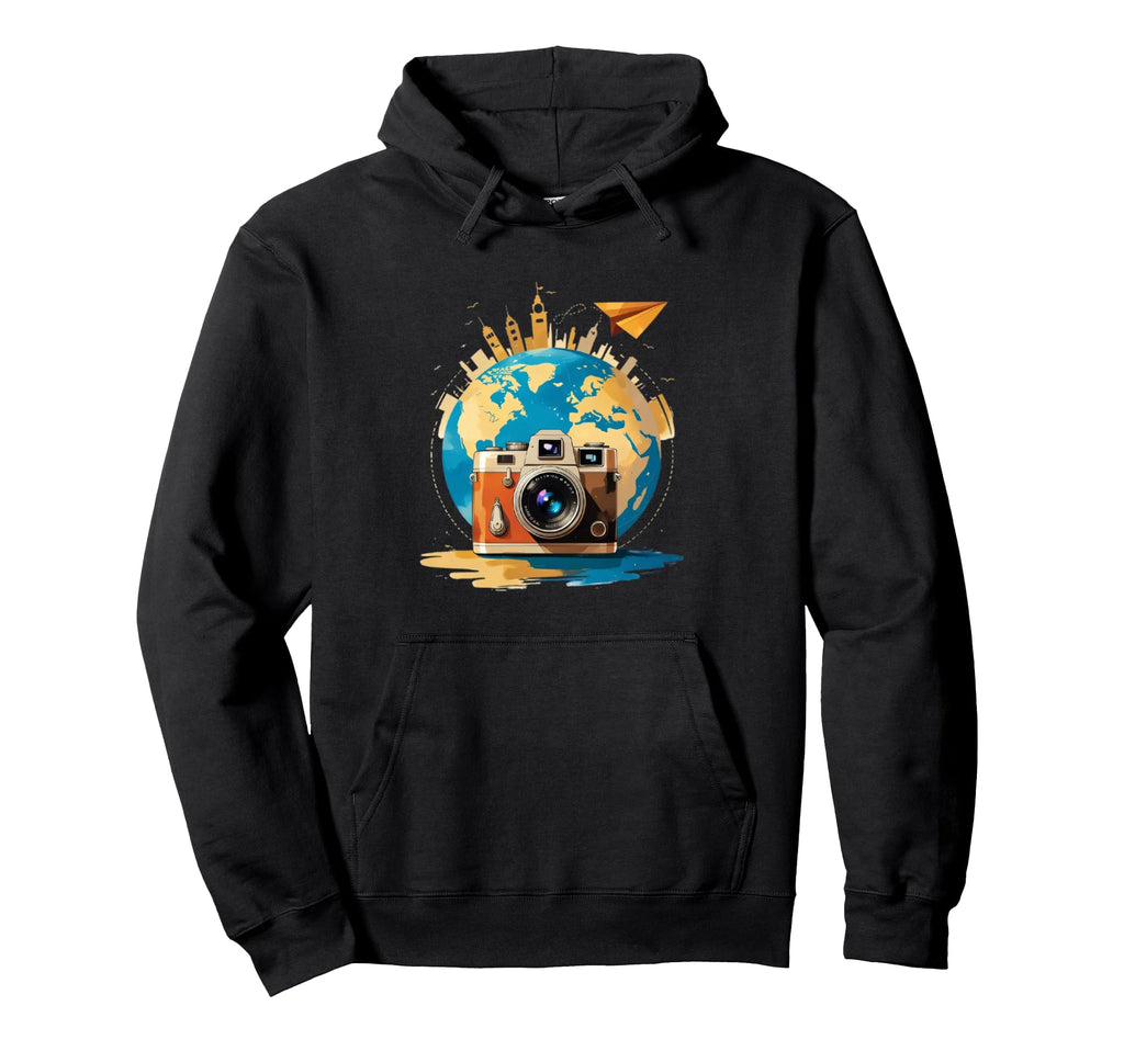 Camera And Globe Travel Art Hoodie - Trendy Graphic Unisex - T-Shirt, Sweatshirt, Hoodie