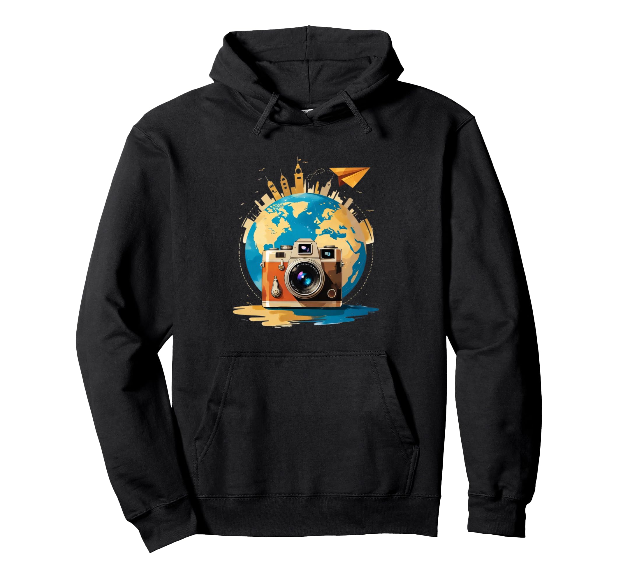 Camera And Globe Travel Art Hoodie - Trendy Graphic Unisex - T-Shirt, Sweatshirt, Hoodie