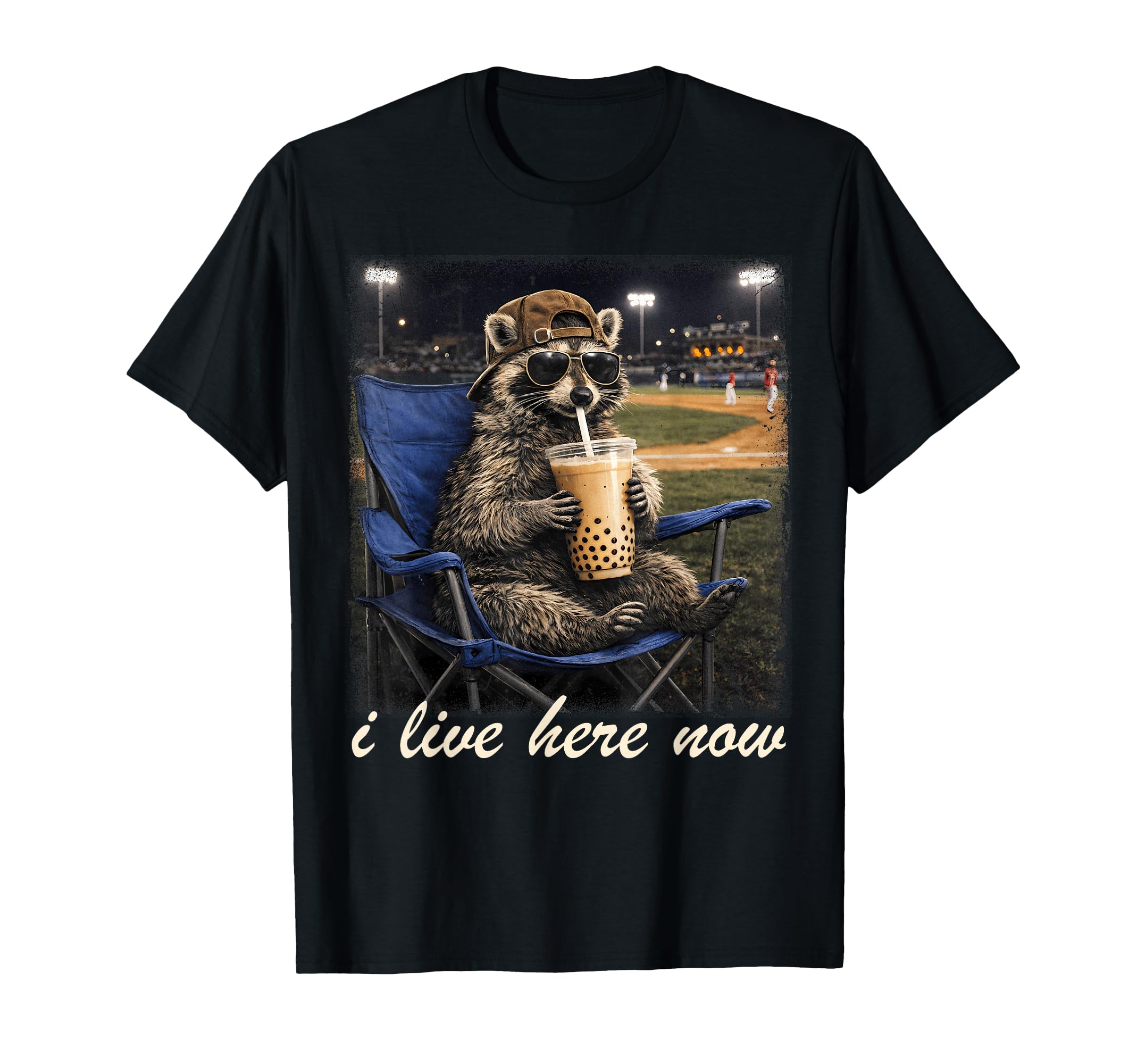 I Live Here Now Funny Raccoon Baseball T-Shirt - Graphic Print for Adults - T-Shirt, Sweatshirt, Hoodie
