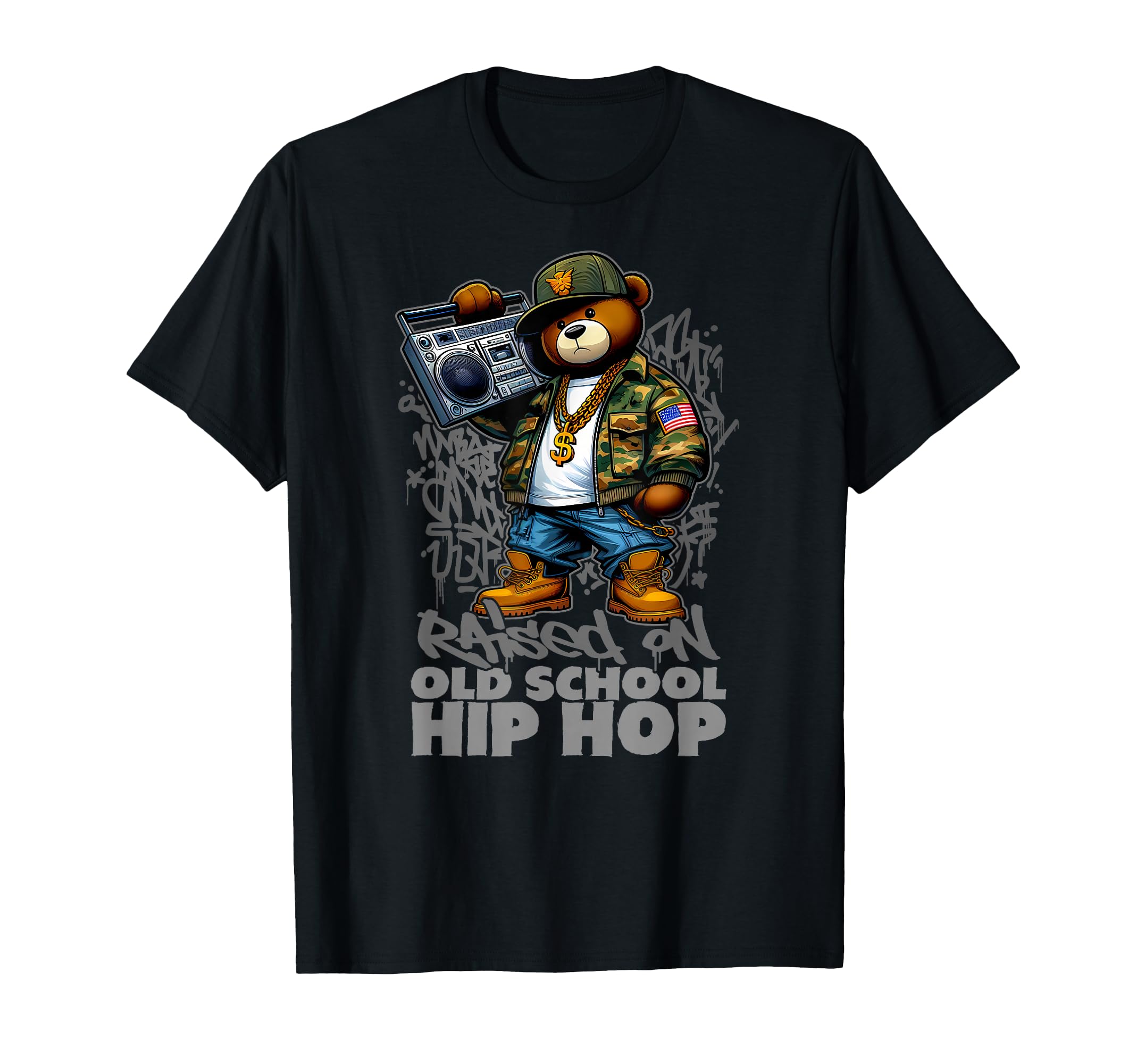 Raised Old School Hip Hop Teddy Bear 80S T-Shirt - Minimalist Print Unisex - T-Shirt, Sweatshirt, Hoodie