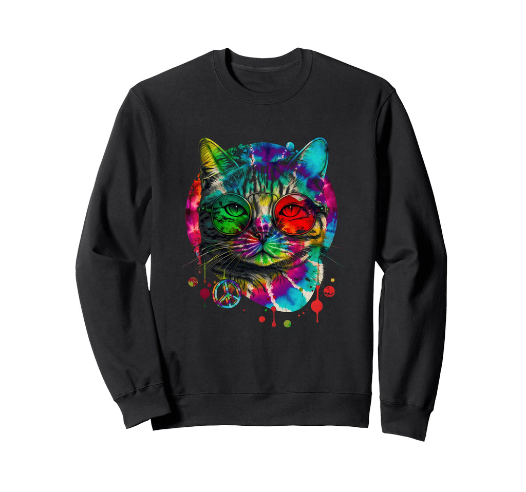 Hippie Cat Tie Dye Peace Sign 60S Sweatshirt - Unique Graphic Unisex - T-Shirt, Sweatshirt, Hoodie