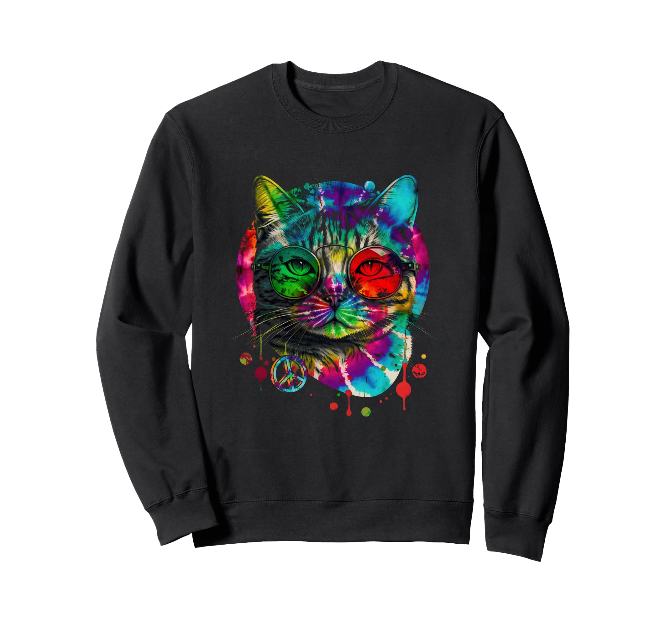 Hippie Cat Tie Dye Peace Sign 60S Sweatshirt - Unique Graphic Unisex - T-Shirt, Sweatshirt, Hoodie