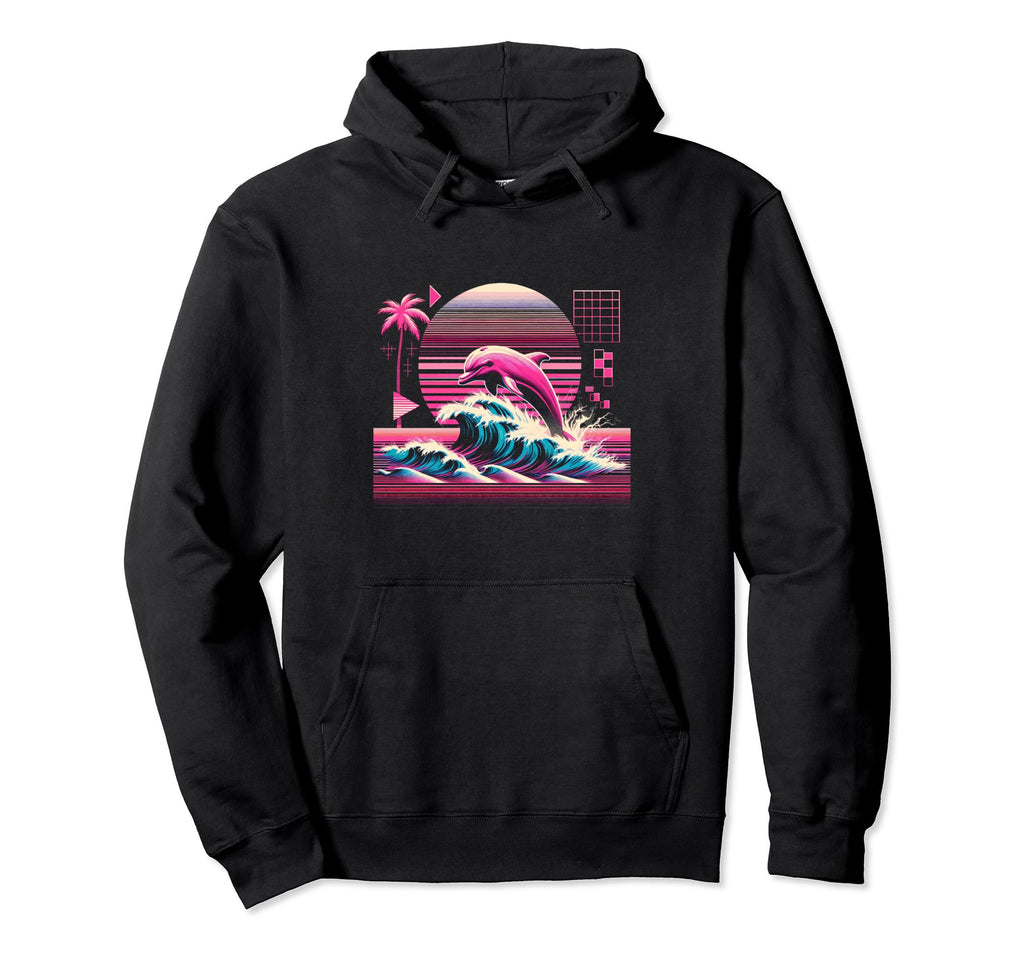 Palm Sunset Dolphin 80S 90S Vaporwave Hoodie - Trendy Graphic for Adults - T-Shirt, Sweatshirt, Hoodie
