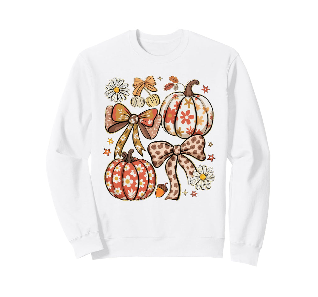 Boho Fall Pumpkins Daisies Bows Sweatshirt - Fun Novelty Design for Adults - T-Shirt, Sweatshirt, Hoodie