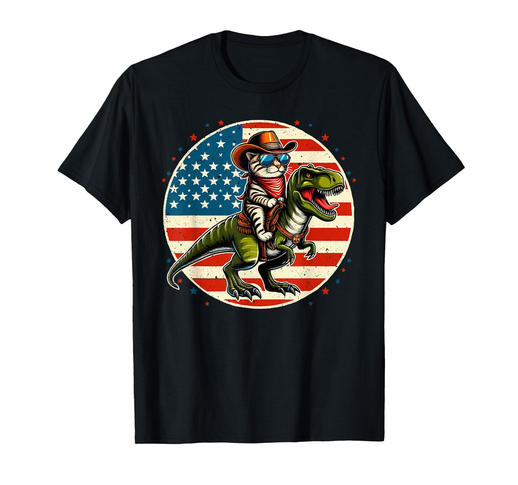 Funny Cowboy Cat Riding Dinosaur Usa T-Shirt - Aesthetic Graphic Men Women - T-Shirt, Sweatshirt, Hoodie