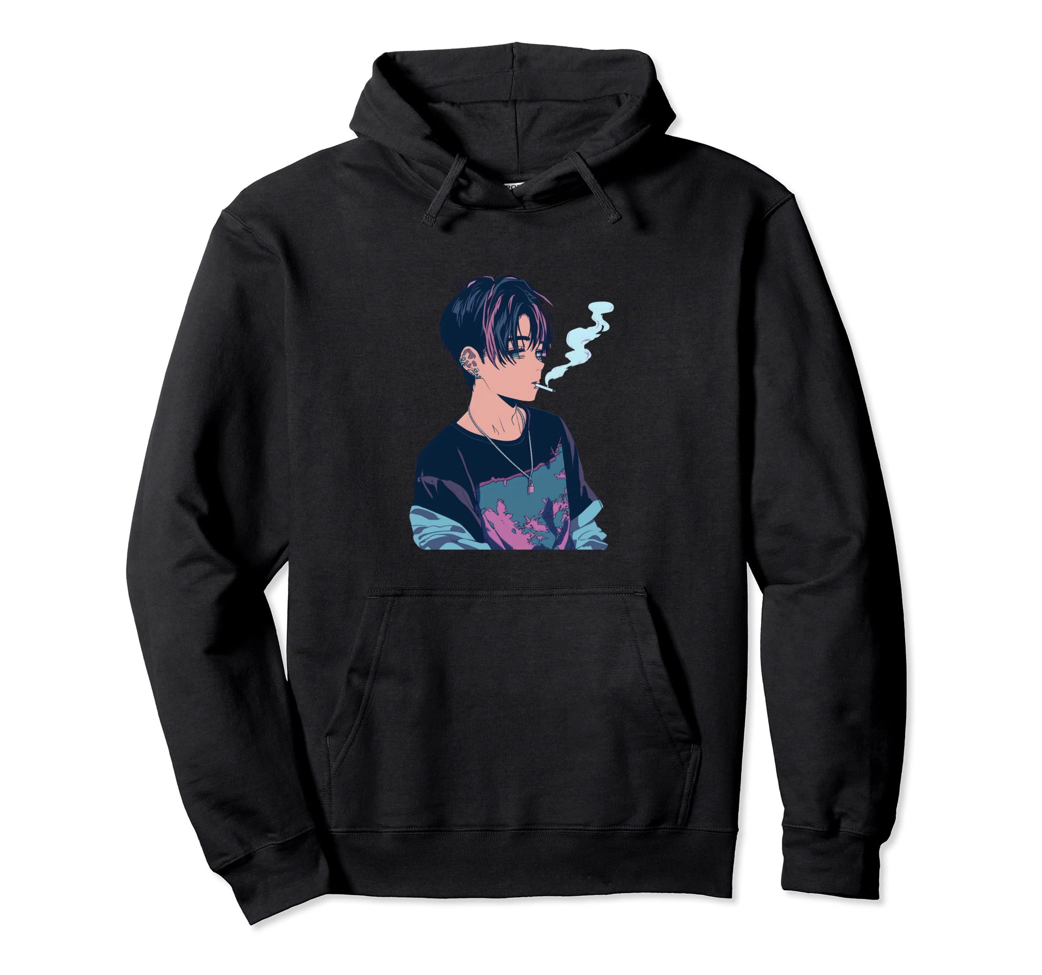 Anime Smoking Sad Japanese Glitch Hoodie - Aesthetic Graphic for Adults - T-Shirt, Sweatshirt, Hoodie