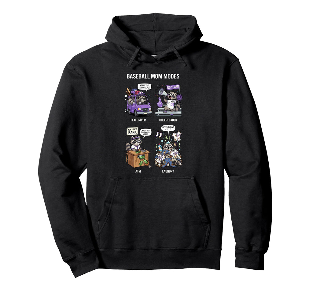 Baseball Mom Modes Funny Raccoon Hoodie - Minimalist Print for Adults - T-Shirt, Sweatshirt, Hoodie