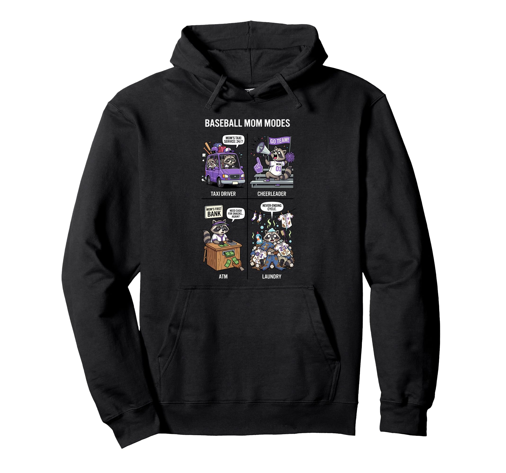 Baseball Mom Modes Funny Raccoon Hoodie - Minimalist Print for Adults - T-Shirt, Sweatshirt, Hoodie