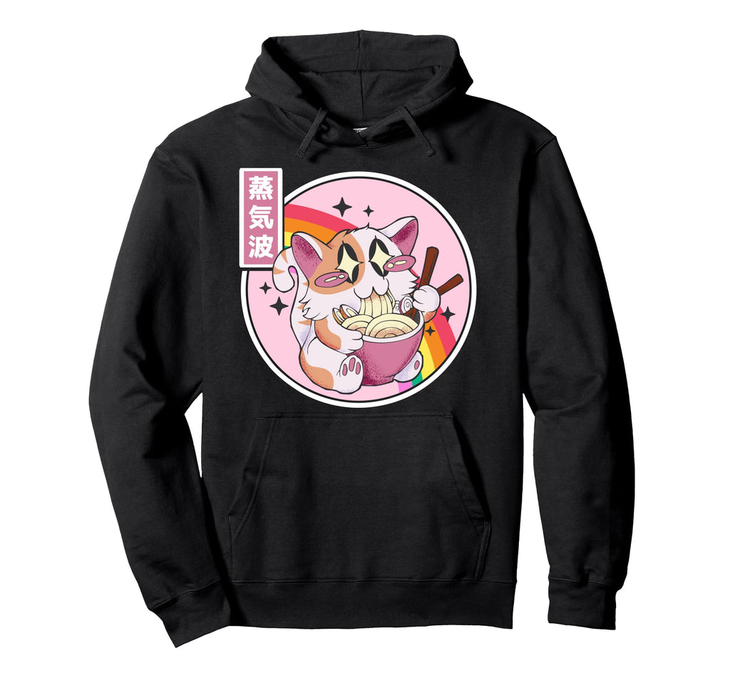 Happy Cat Eating Ramen Japan Otaku 80S Hoodie - Novelty Apparel for Adults - T-Shirt, Sweatshirt, Hoodie