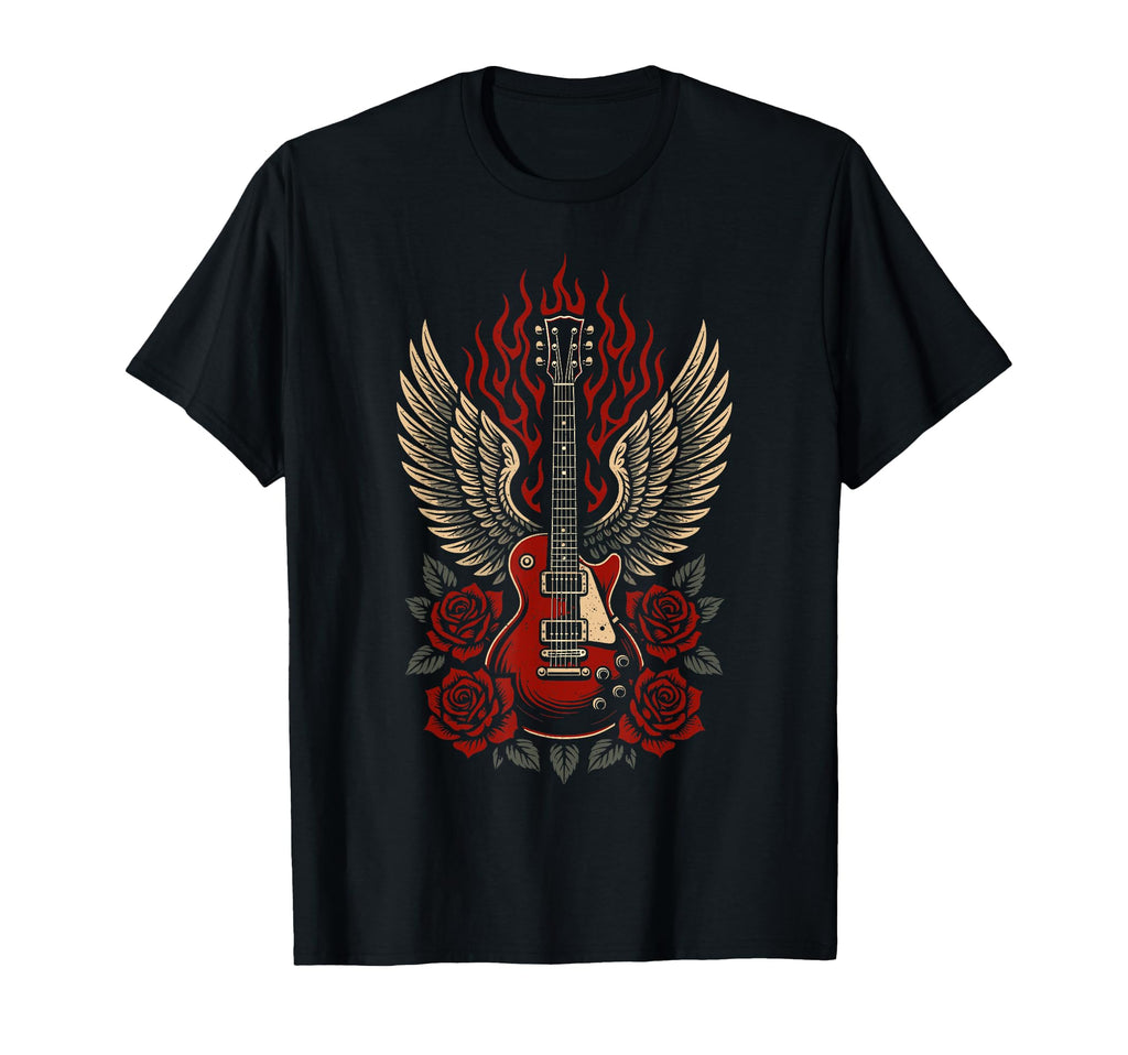 Electric Guitar Wings Roses Rock T-Shirt - Unique Graphic Men Women - T-Shirt, Sweatshirt, Hoodie