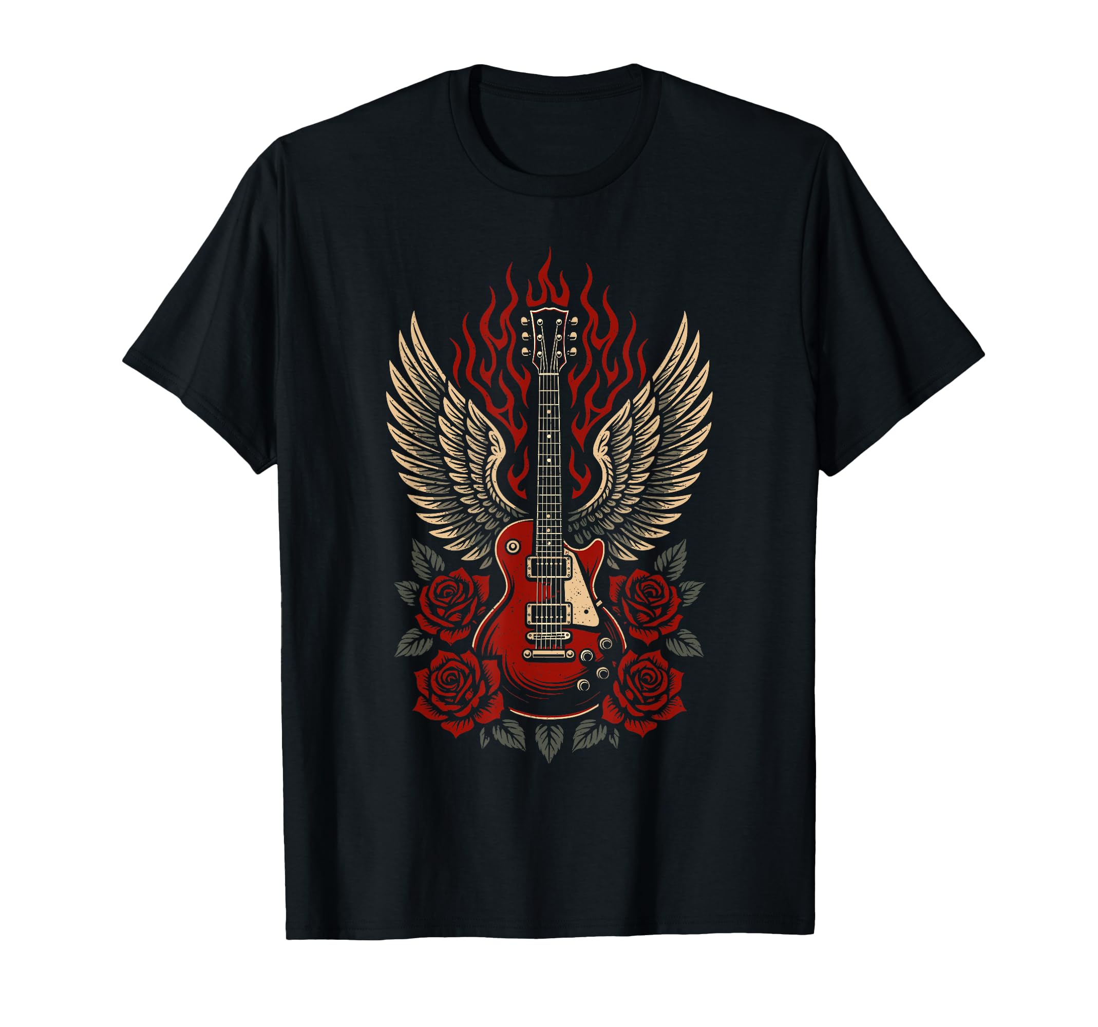 Electric Guitar Wings Roses Rock T-Shirt - Unique Graphic Men Women - T-Shirt, Sweatshirt, Hoodie