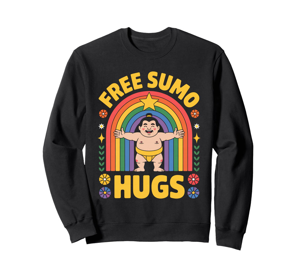 Free Sumo Hugs Funny Japanese Rainbow Sweatshirt - Trendy Graphic Men Women - T-Shirt, Sweatshirt, Hoodie