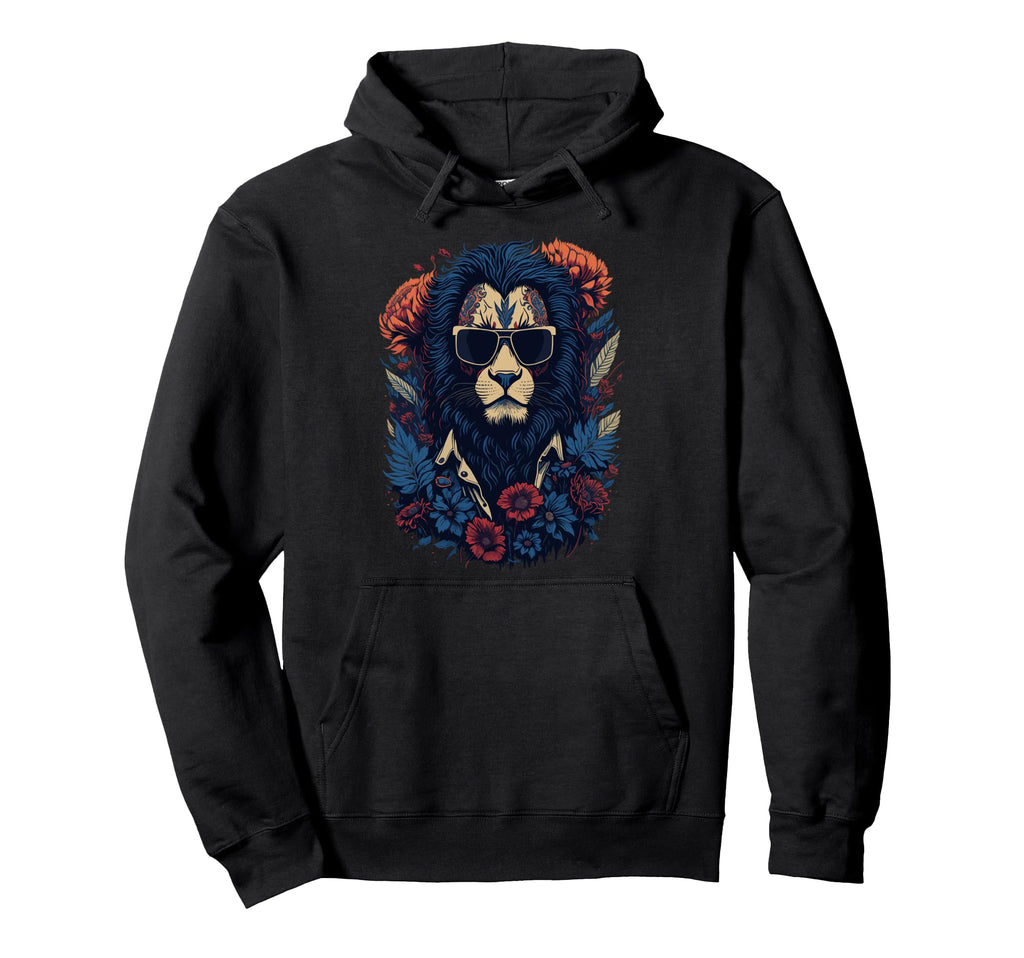 Biker Lion Sunglasses Floral Hoodie - Unique Graphic Men Women - T-Shirt, Sweatshirt, Hoodie