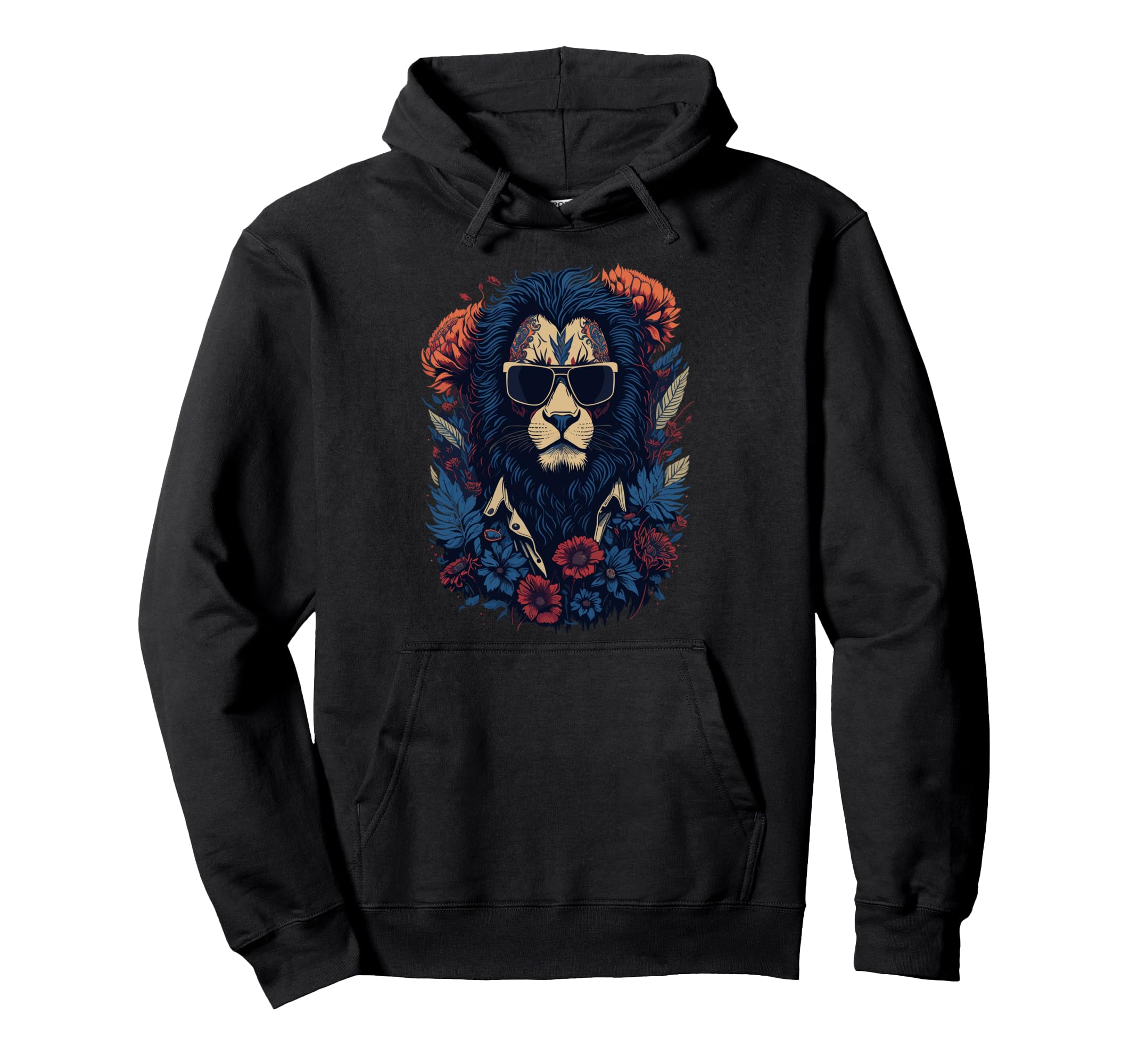 Biker Lion Sunglasses Floral Hoodie - Unique Graphic Men Women - T-Shirt, Sweatshirt, Hoodie