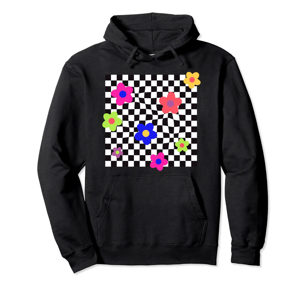 Aesthetic Y2K Flowers Black Checkered Hoodie - Novelty Apparel for Adults - T-Shirt, Sweatshirt, Hoodie